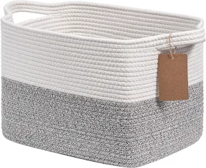 Goodpick Woven Storage Basket, Small Laundry Basket for Clothes, Towels and Shoes, Rope Square Gift Organizer with Handles, Gray and White, 13 x 10 x 9 Inches
