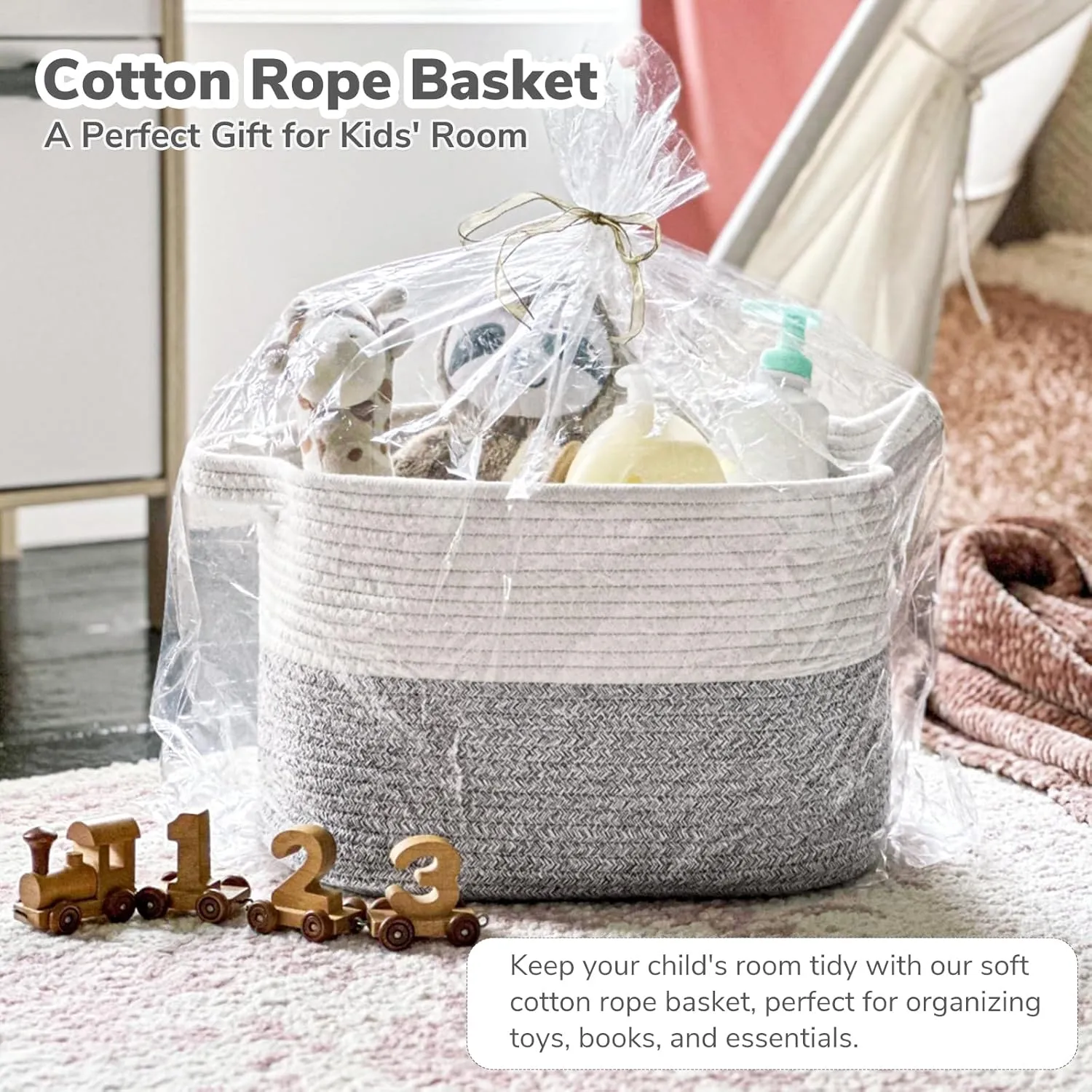 Goodpick Woven Storage Basket, Small Laundry Basket for Clothes, Towels and Shoes, Rope Square Gift Organizer with Handles, Gray and White, 13 x 10 x 9 Inches