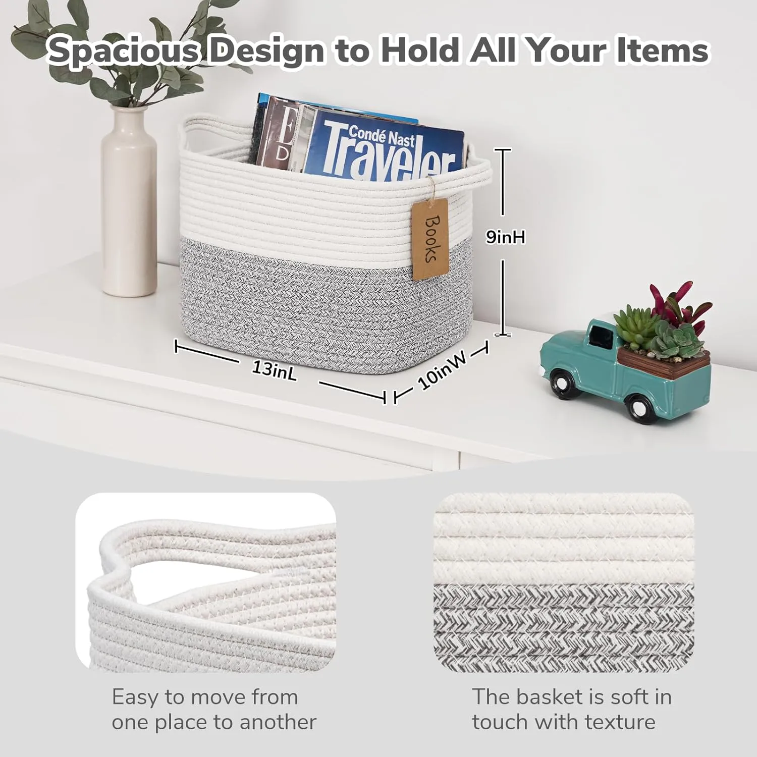 Goodpick Woven Storage Basket, Small Laundry Basket for Clothes, Towels and Shoes, Rope Square Gift Organizer with Handles, Gray and White, 13 x 10 x 9 Inches