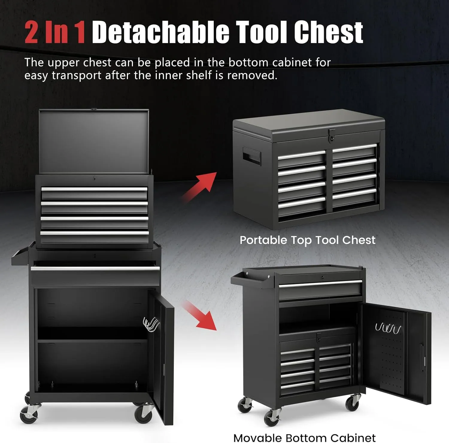 Goplus Rolling Tool Chest, 5 Drawers Tool Storage Cabinet with Universal Lockable Wheels, Detachable Top Toolbox, Lock Bar, Protective Liner, Heavy Duty Metal Tool Cart, Tool Box for Workshop Garage
