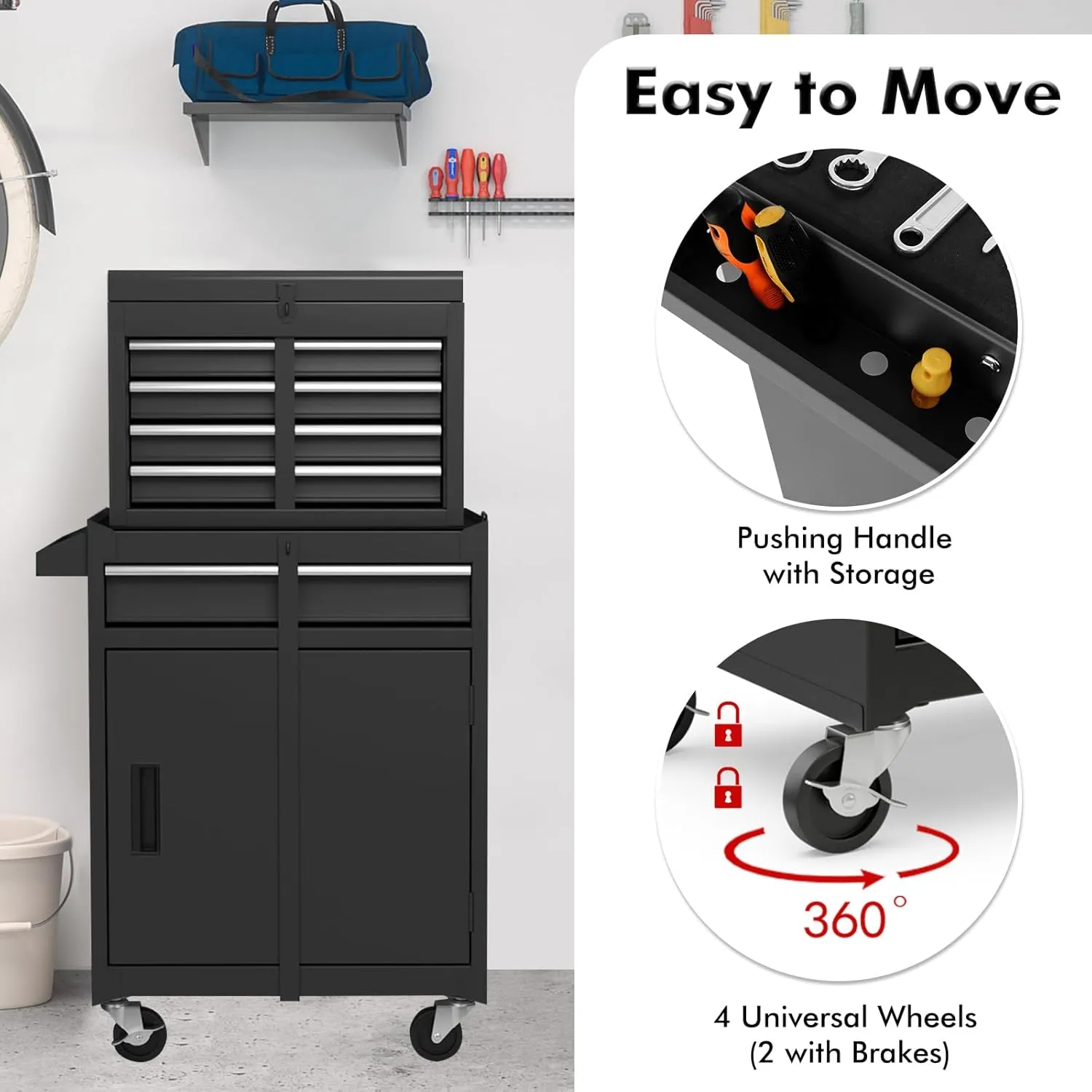 Goplus Rolling Tool Chest, 5 Drawers Tool Storage Cabinet with Universal Lockable Wheels, Detachable Top Toolbox, Lock Bar, Protective Liner, Heavy Duty Metal Tool Cart, Tool Box for Workshop Garage