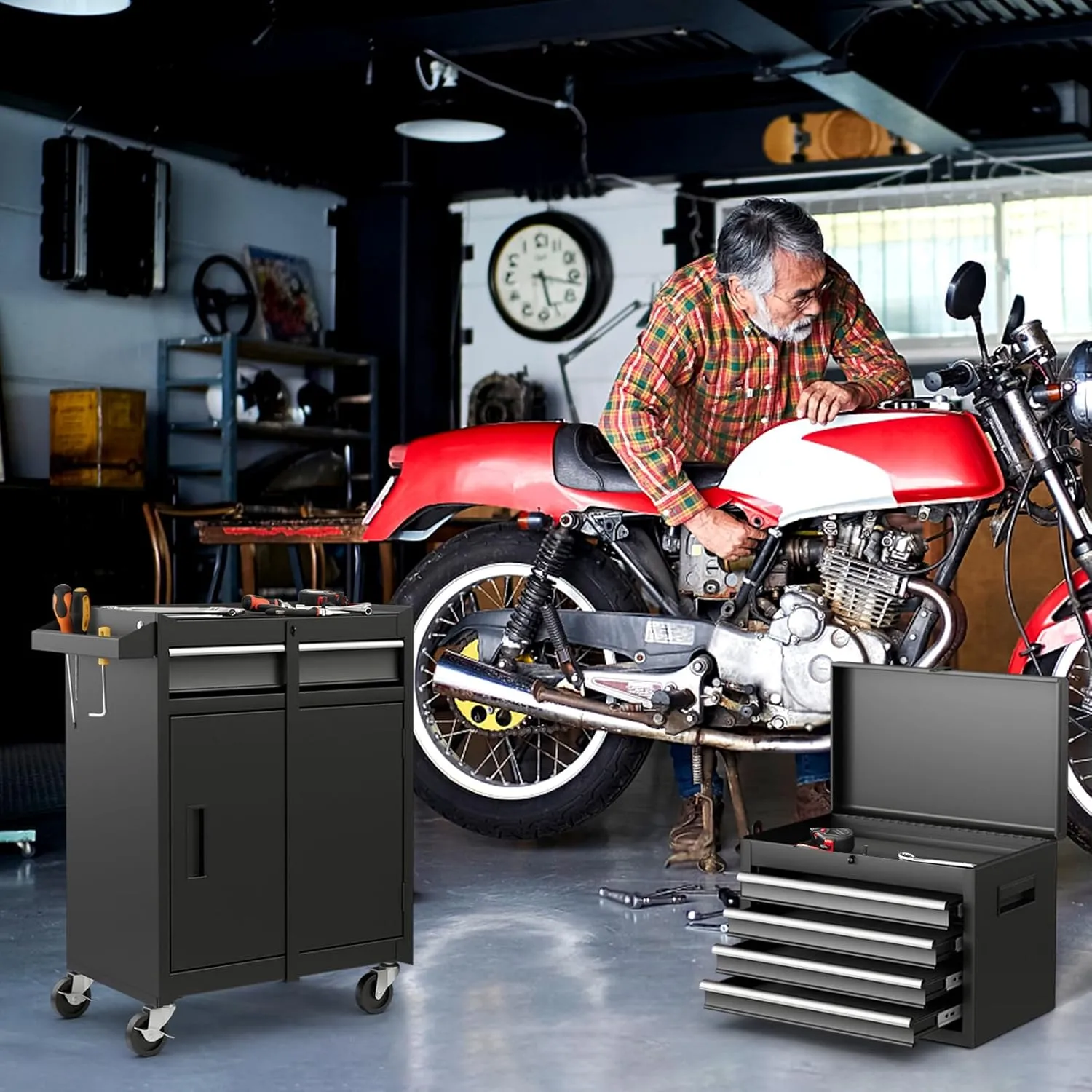 Goplus Rolling Tool Chest, 5 Drawers Tool Storage Cabinet with Universal Lockable Wheels, Detachable Top Toolbox, Lock Bar, Protective Liner, Heavy Duty Metal Tool Cart, Tool Box for Workshop Garage