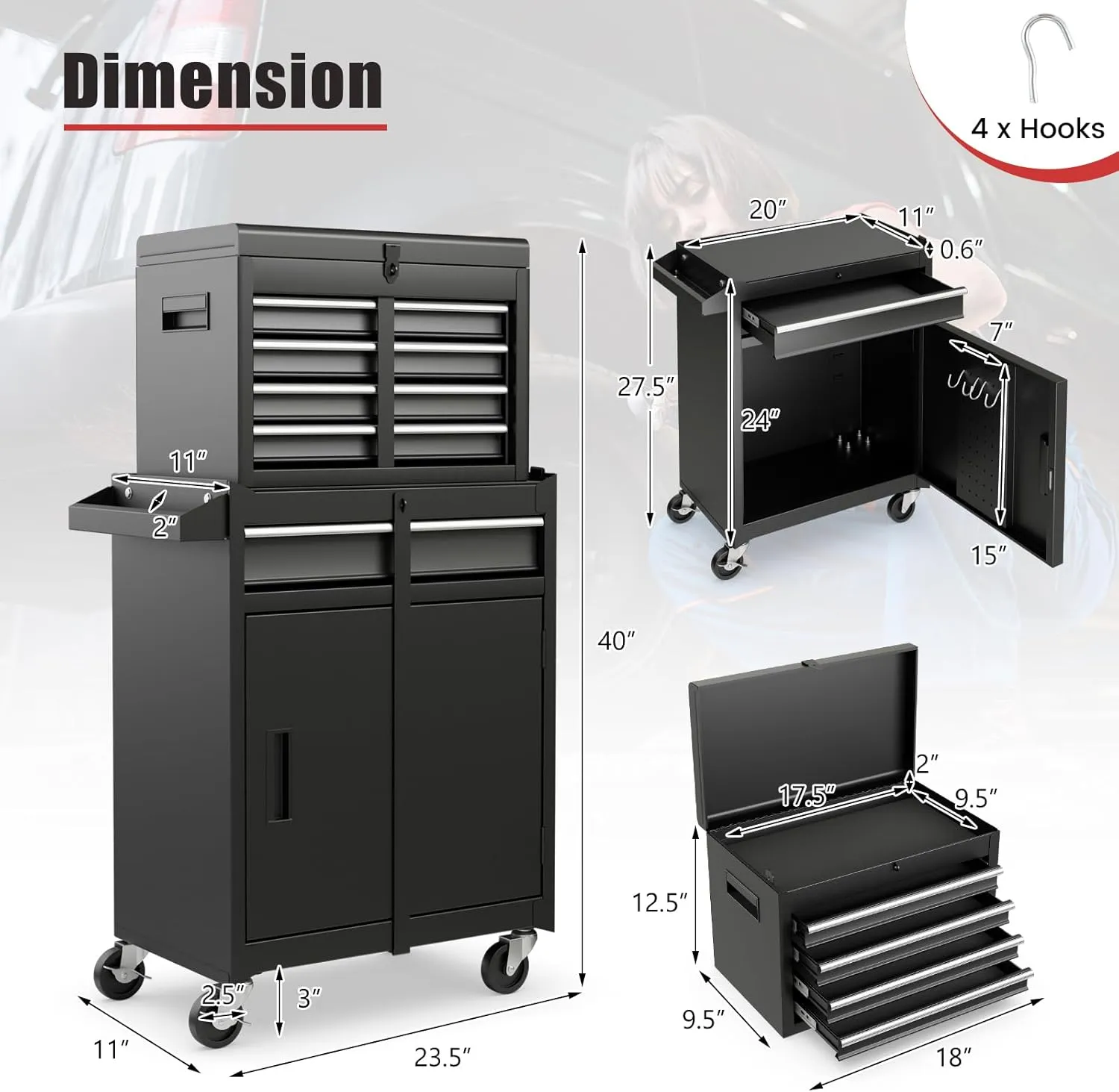 Goplus Rolling Tool Chest, 5 Drawers Tool Storage Cabinet with Universal Lockable Wheels, Detachable Top Toolbox, Lock Bar, Protective Liner, Heavy Duty Metal Tool Cart, Tool Box for Workshop Garage