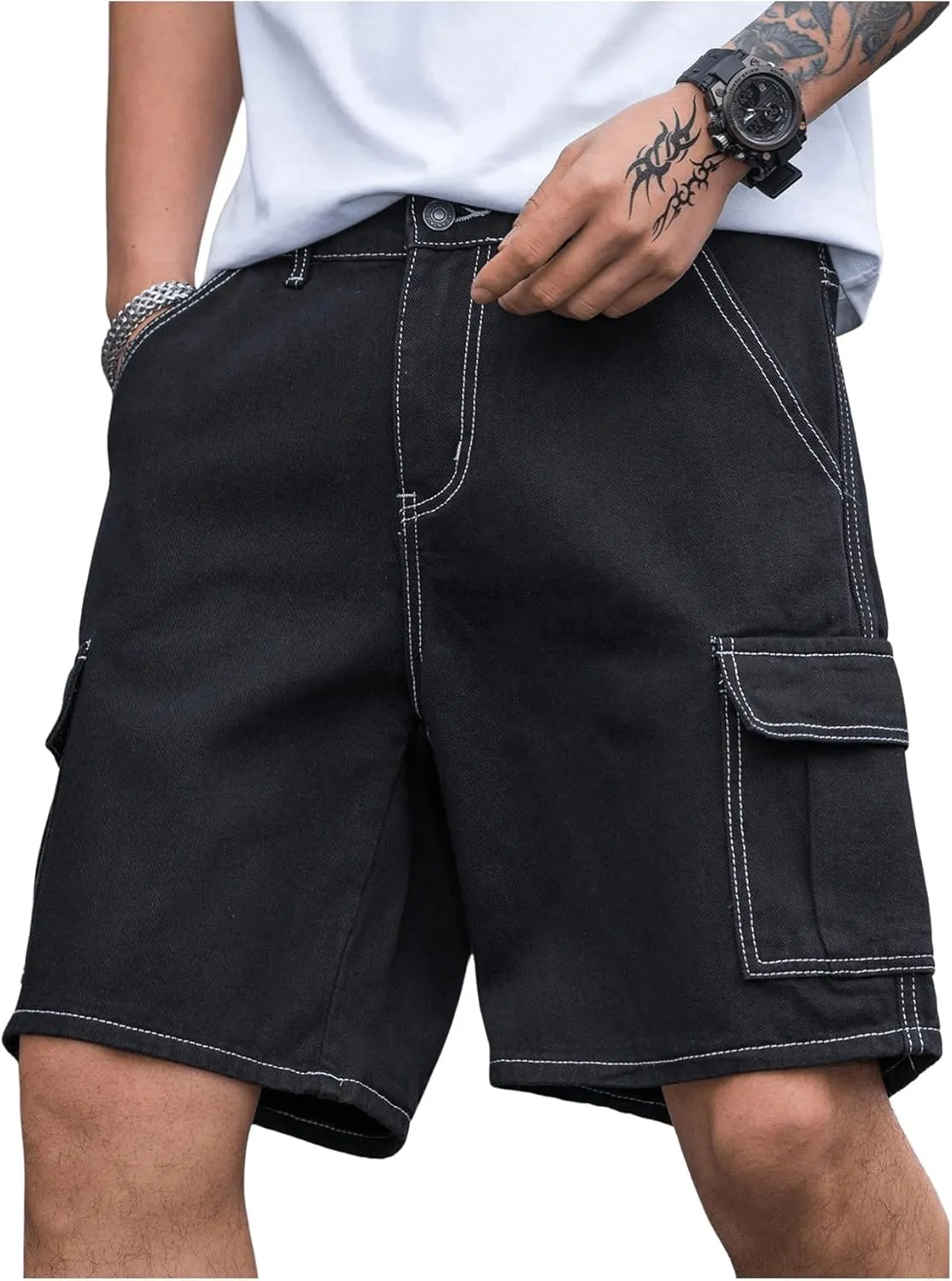 GORGLITTER Men's Denim Cargo Baggy Jorts Shorts Jeans Flap Pocket Summer Shorts