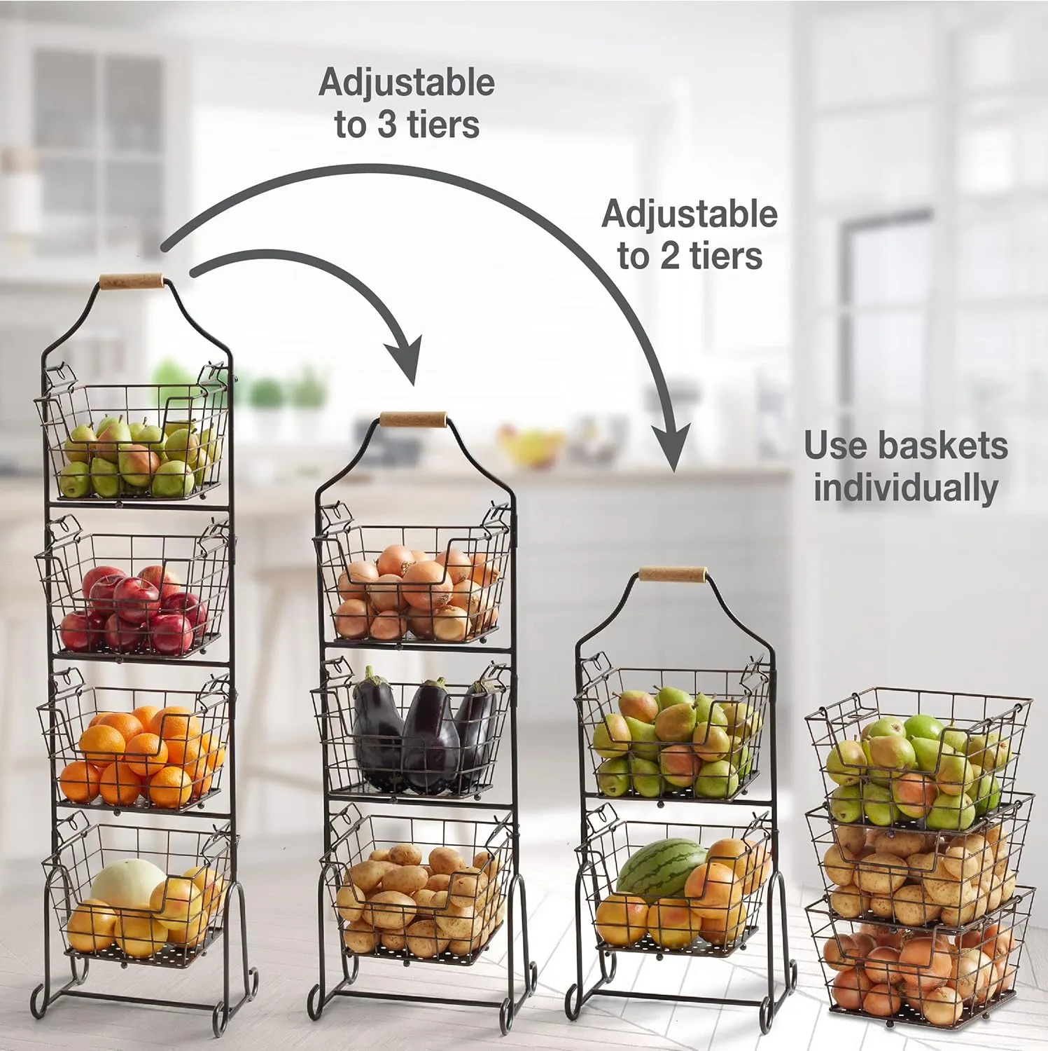 Gourmet Basics by Mikasa Ferme 4-Tier Metal Floor Standing Fruit/Home Storage Market Basket, Antique Black