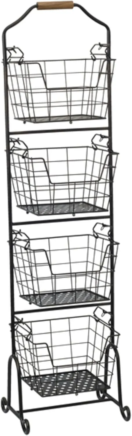 Gourmet Basics by Mikasa Ferme 4-Tier Metal Floor Standing Fruit/Home Storage Market Basket, Antique Black