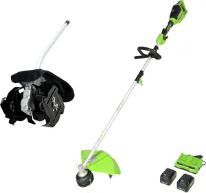 Greenworks 2 x 24V (48V) 16" Brushless (Attachment Capable) Cordless String Trimmer, Tiller, (2) 4.0Ah USB Batteries (USB Hub) and Dual Port Rapid Charger Included