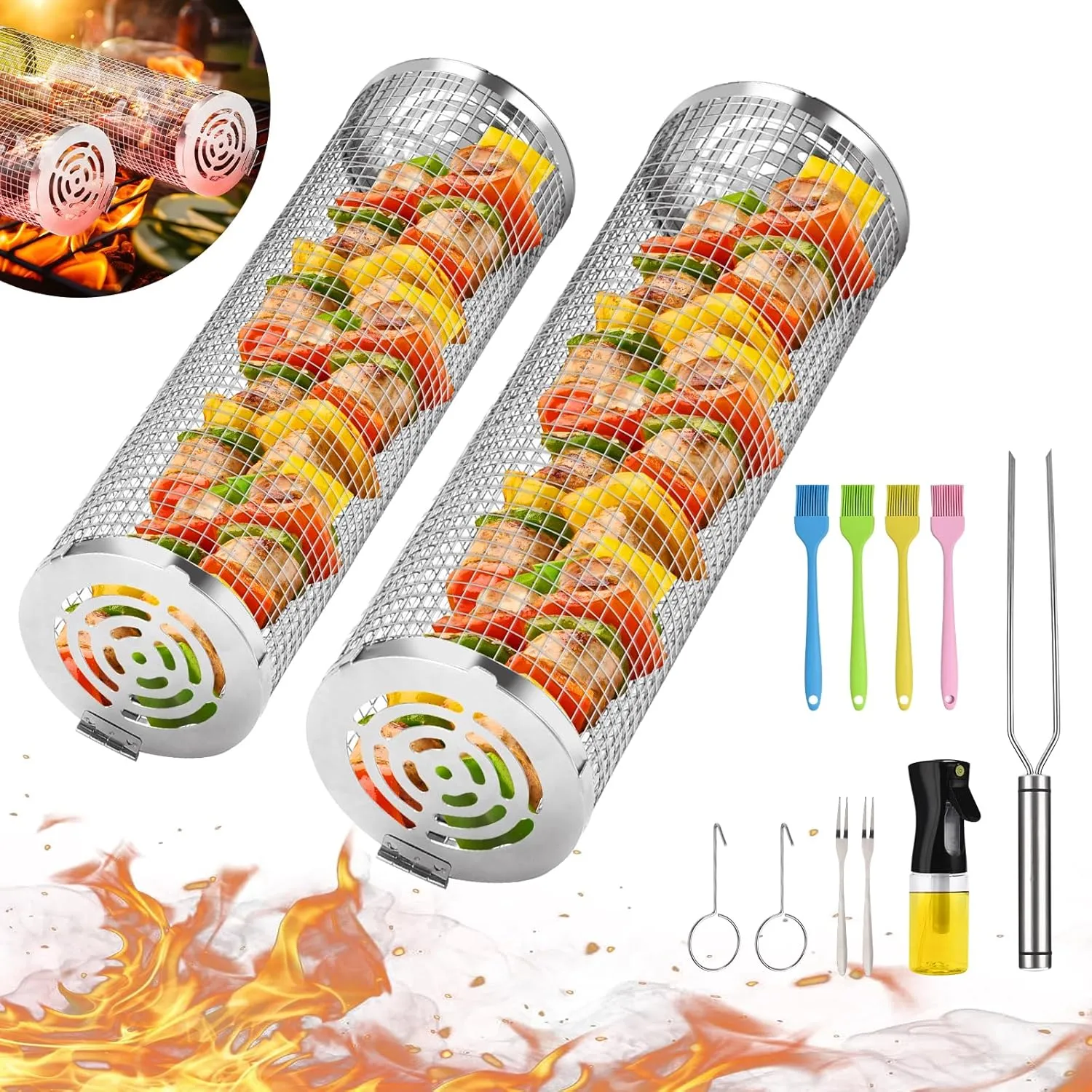 Grill Basket, Rolling Grilling Baskets, Stainless Steel Grill Mesh, Barbeque Grill Accessories, Portable Outdoor Camping BBQ Rack for Meat, Shrimp, and Vegetables.