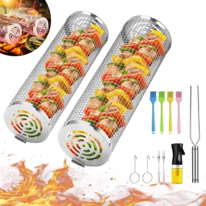 Grill Basket, Rolling Grilling Baskets, Stainless Steel Grill Mesh, Barbeque Grill Accessories, Portable Outdoor Camping BBQ Rack for Meat, Shrimp, and Vegetables.