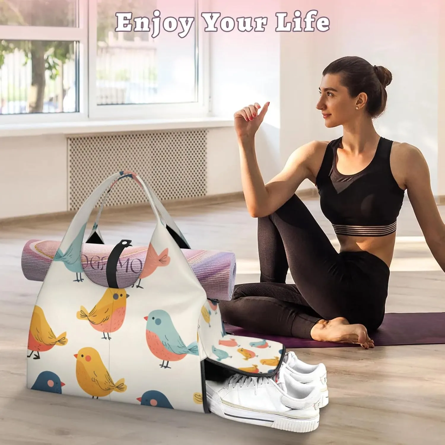 Gym Bag for Women Cute Bird Duffel Bag with Shoe Compartment and Yoga Mat Holder Portable Weekender Bags Travel Tote Bags