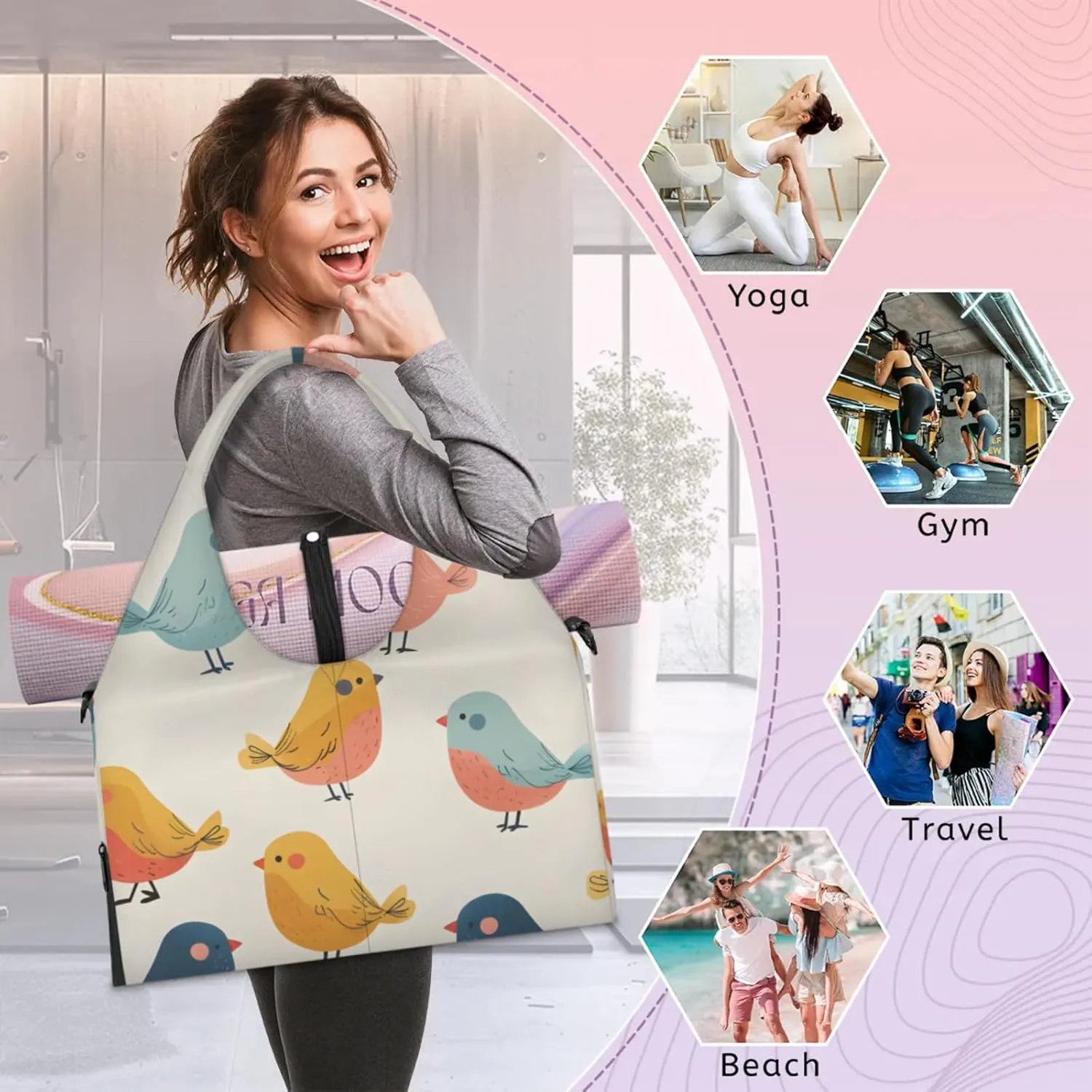 Gym Bag for Women Cute Bird Duffel Bag with Shoe Compartment and Yoga Mat Holder Portable Weekender Bags Travel Tote Bags