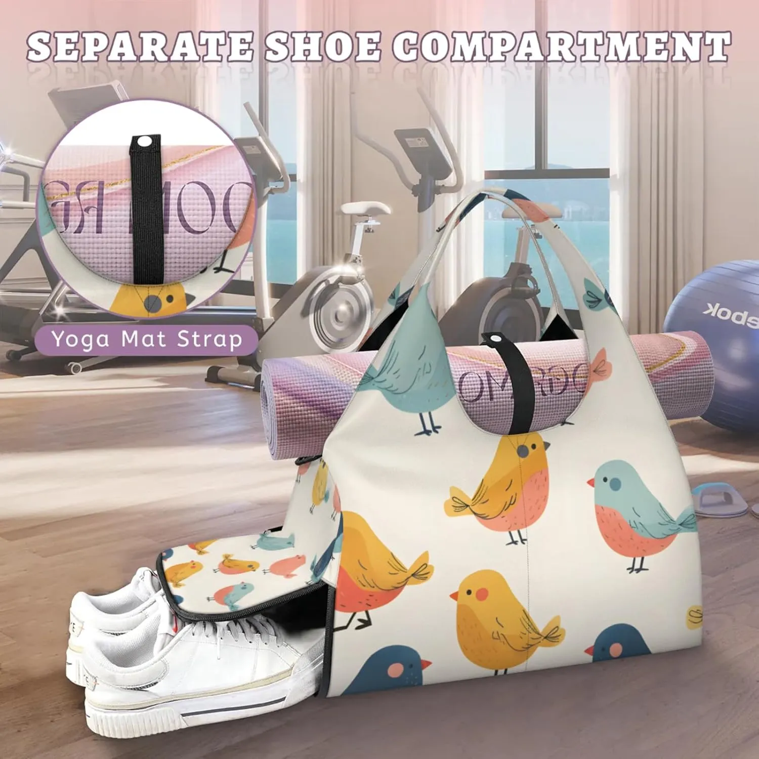 Gym Bag for Women Cute Bird Duffel Bag with Shoe Compartment and Yoga Mat Holder Portable Weekender Bags Travel Tote Bags