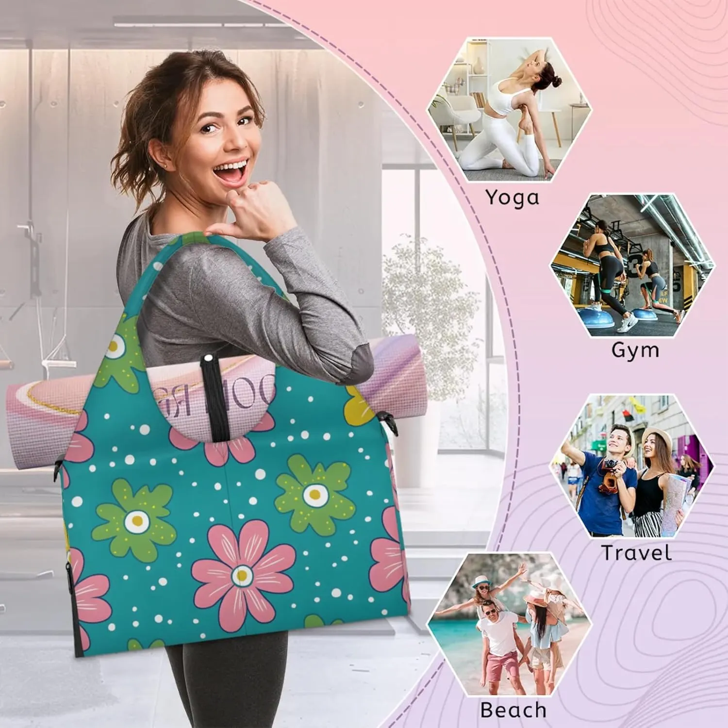 Gym Bag for Women Cute Flowers Dots Duffel Bag with Shoe Compartment and Yoga Mat Holder Portable Weekender Bags Travel Tote Bags