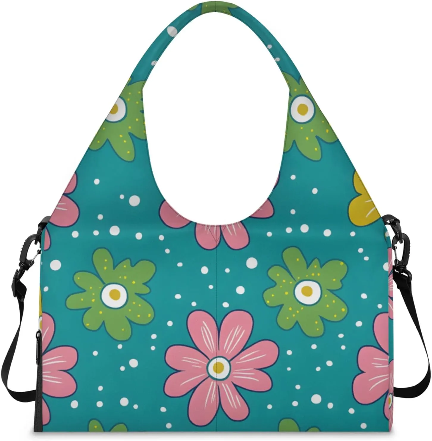 Gym Bag for Women Cute Flowers Dots Duffel Bag with Shoe Compartment and Yoga Mat Holder Portable Weekender Bags Travel Tote Bags