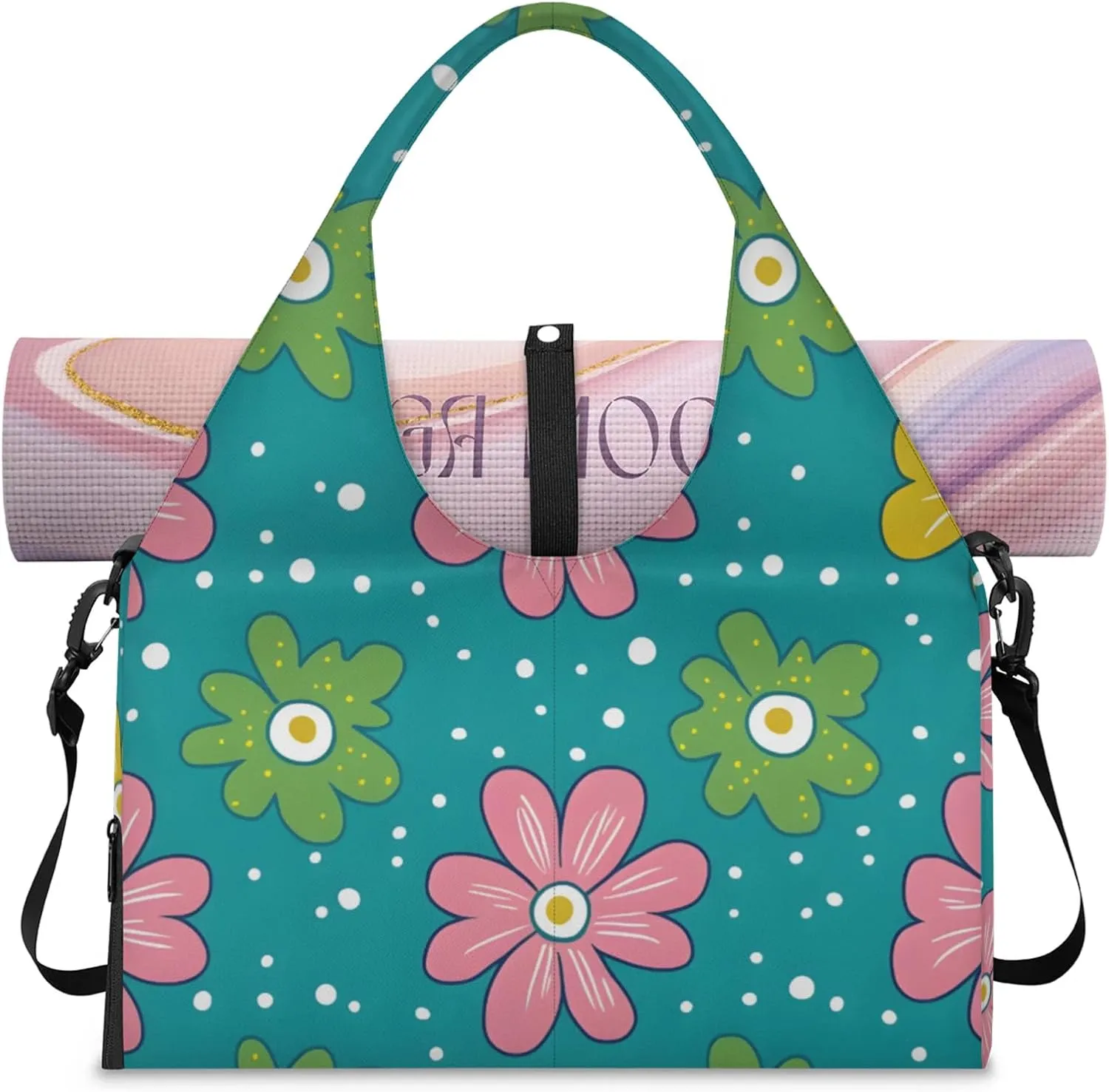 Gym Bag for Women Cute Flowers Dots Duffel Bag with Shoe Compartment and Yoga Mat Holder Portable Weekender Bags Travel Tote Bags