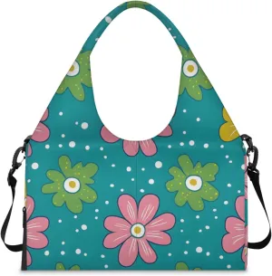 Gym Bag for Women Cute Flowers Dots Duffel Bag with Shoe Compartment and Yoga Mat Holder Portable Weekender Bags Travel Tote Bags