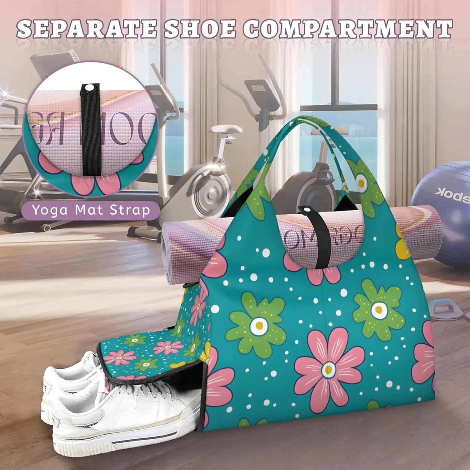 Gym Bag for Women Cute Flowers Dots Duffel Bag with Shoe Compartment and Yoga Mat Holder Portable Weekender Bags Travel Tote Bags