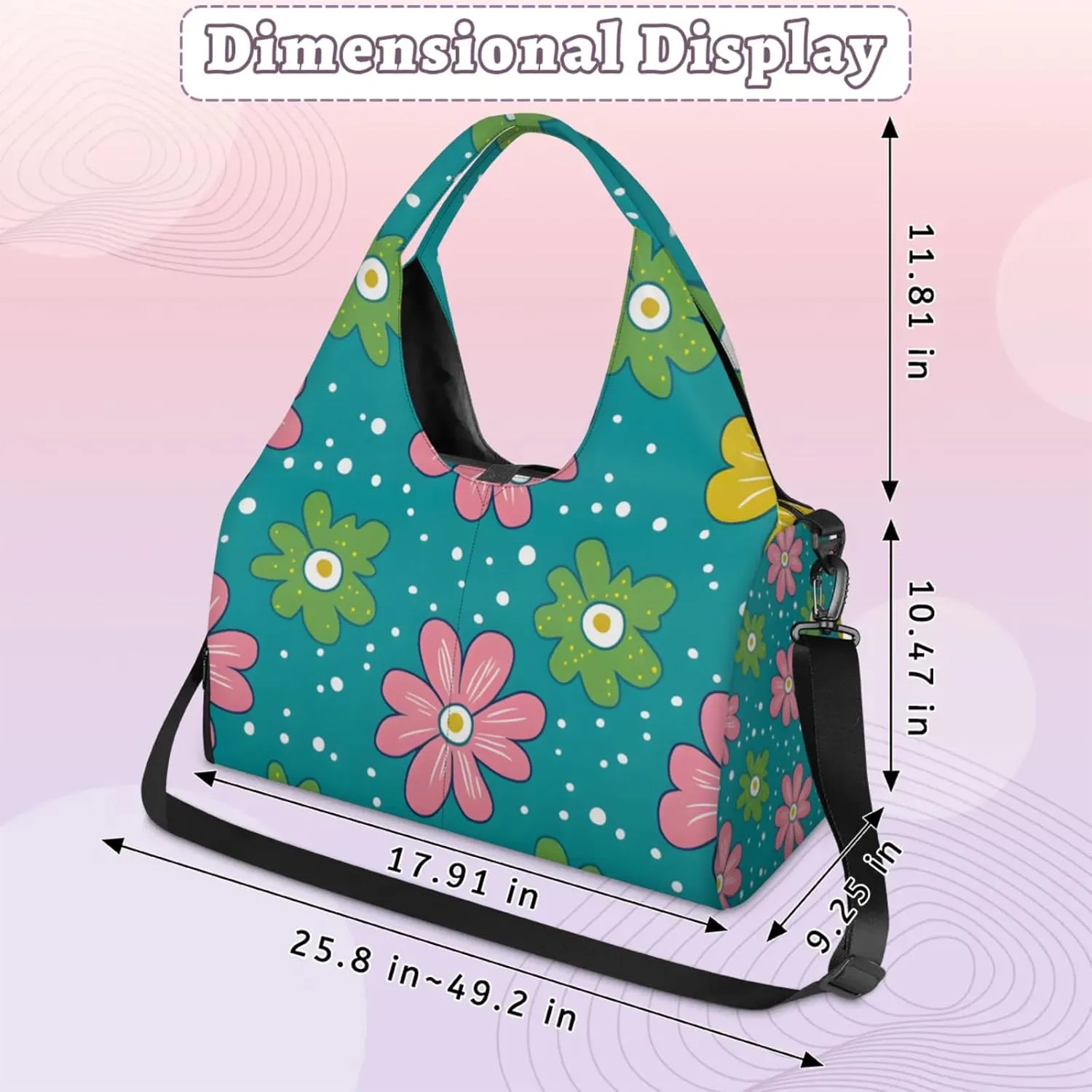 Gym Bag for Women Cute Flowers Dots Duffel Bag with Shoe Compartment and Yoga Mat Holder Portable Weekender Bags Travel Tote Bags