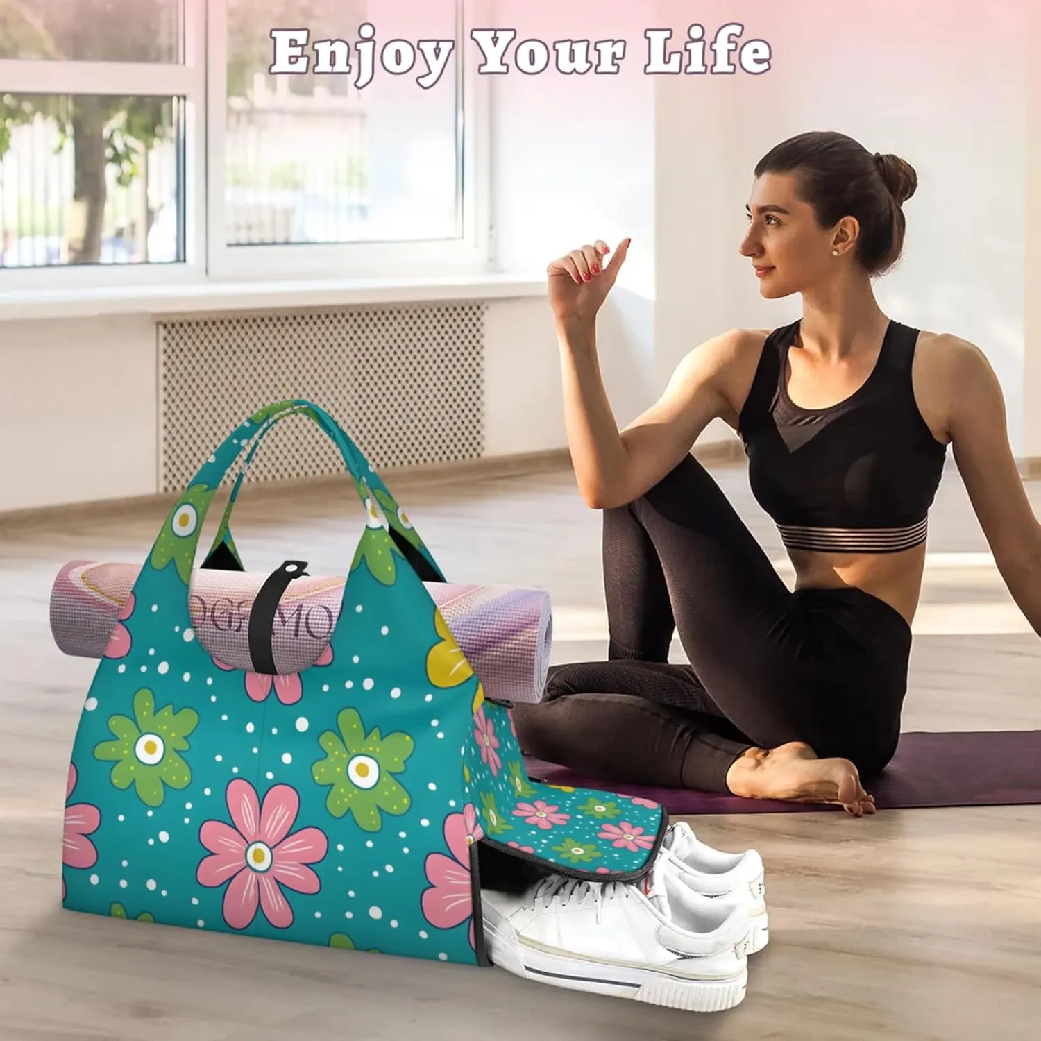 Gym Bag for Women Cute Flowers Dots Duffel Bag with Shoe Compartment and Yoga Mat Holder Portable Weekender Bags Travel Tote Bags