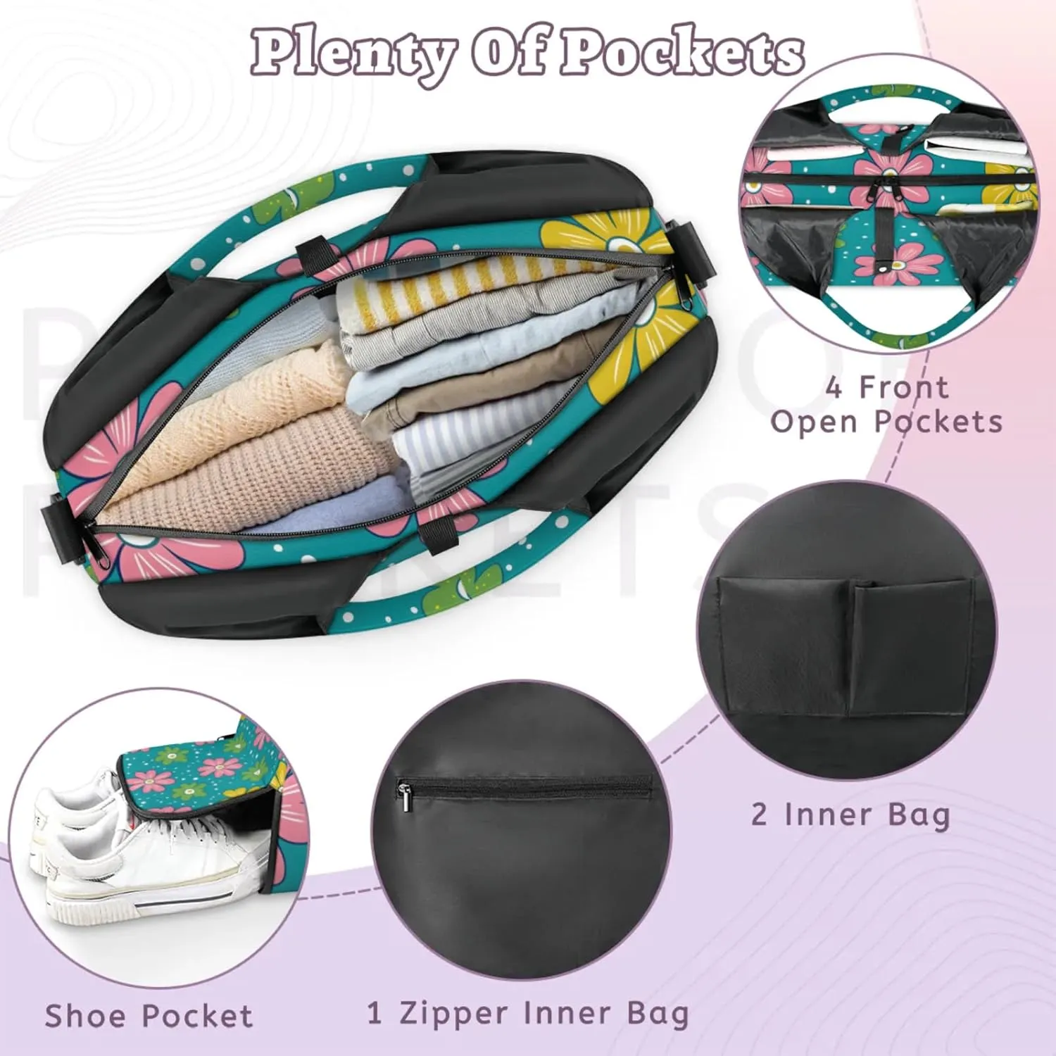 Gym Bag for Women Cute Flowers Dots Duffel Bag with Shoe Compartment and Yoga Mat Holder Portable Weekender Bags Travel Tote Bags
