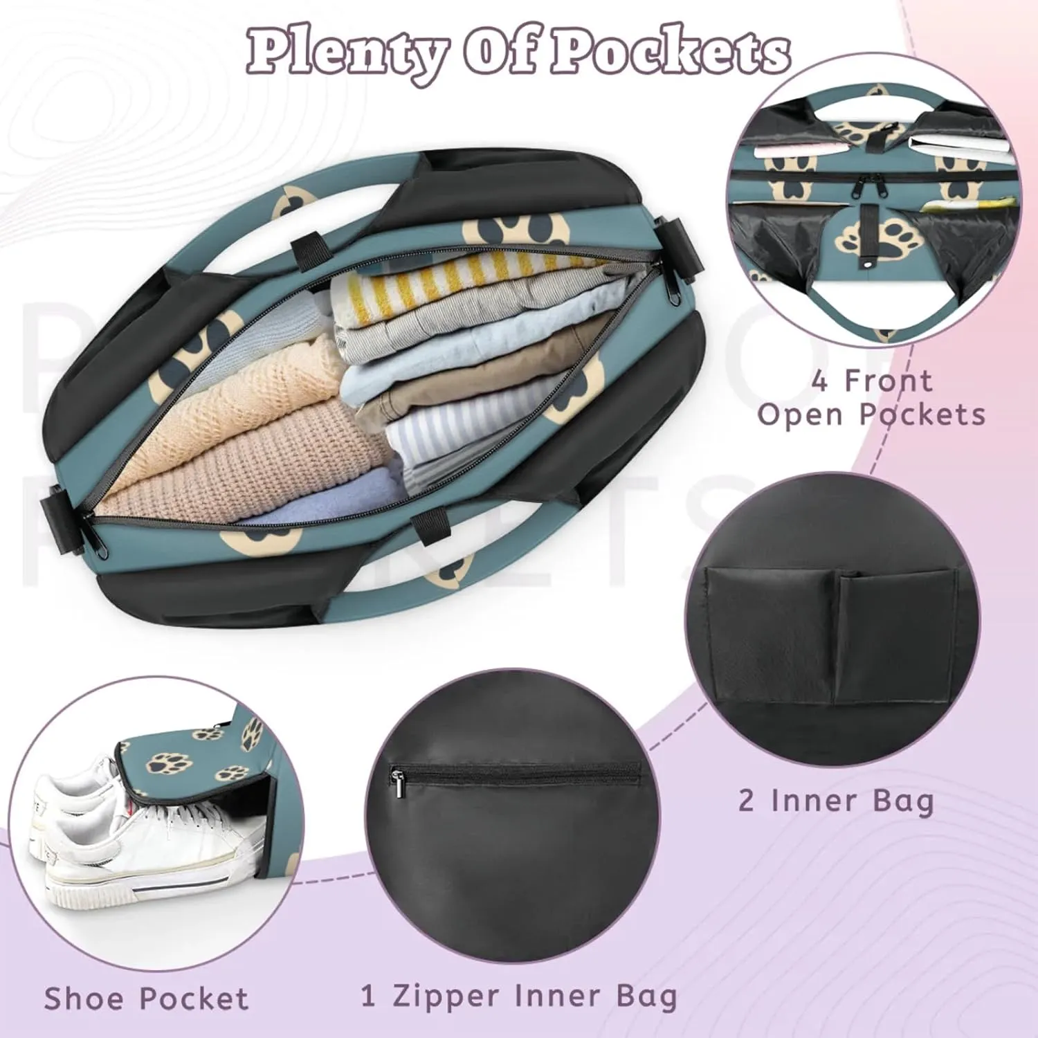 Gym Bag for Women Dog Paw Prints Duffel Bag with Shoe Compartment and Yoga Mat Holder Portable Weekender Bags Travel Tote Bags