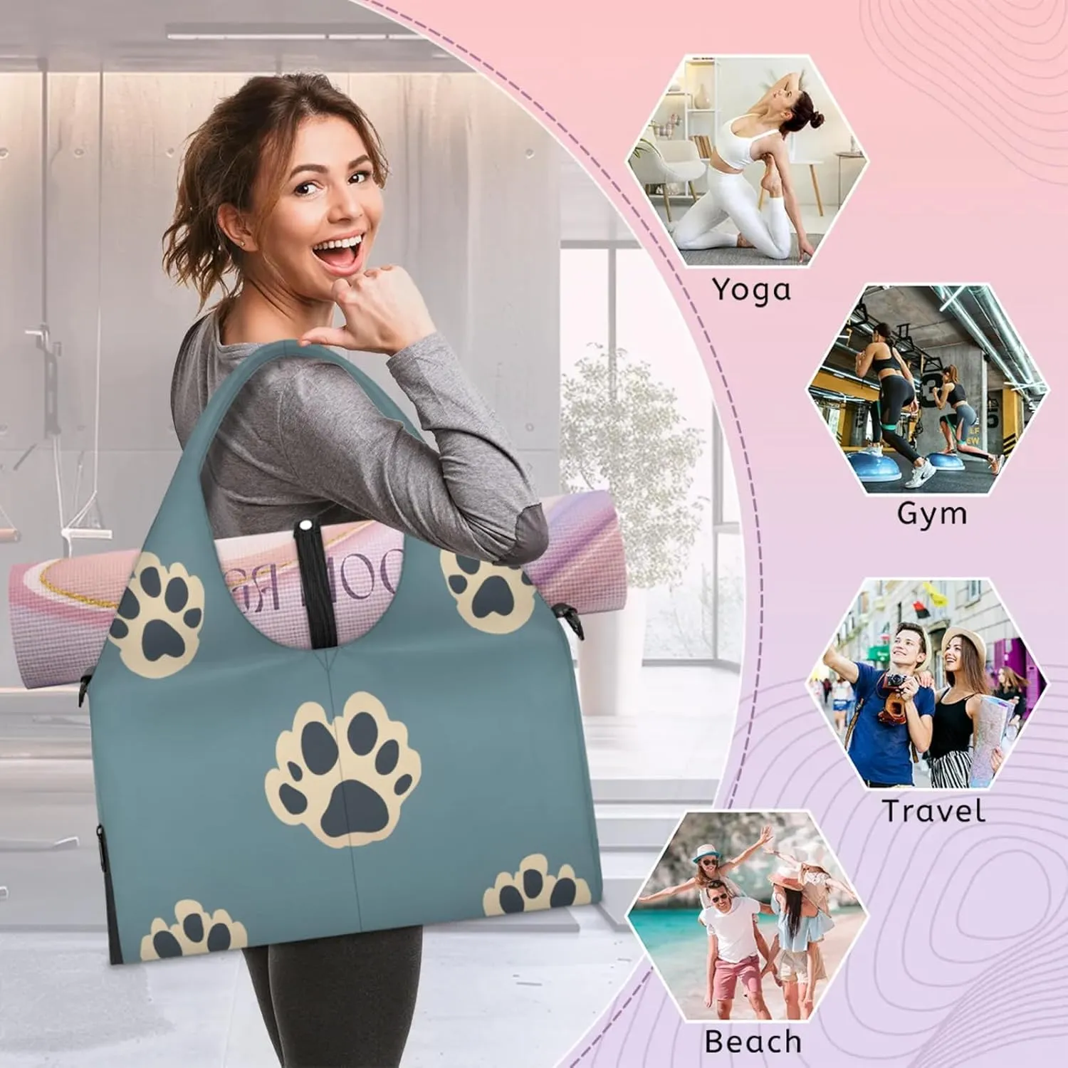 Gym Bag for Women Dog Paw Prints Duffel Bag with Shoe Compartment and Yoga Mat Holder Portable Weekender Bags Travel Tote Bags