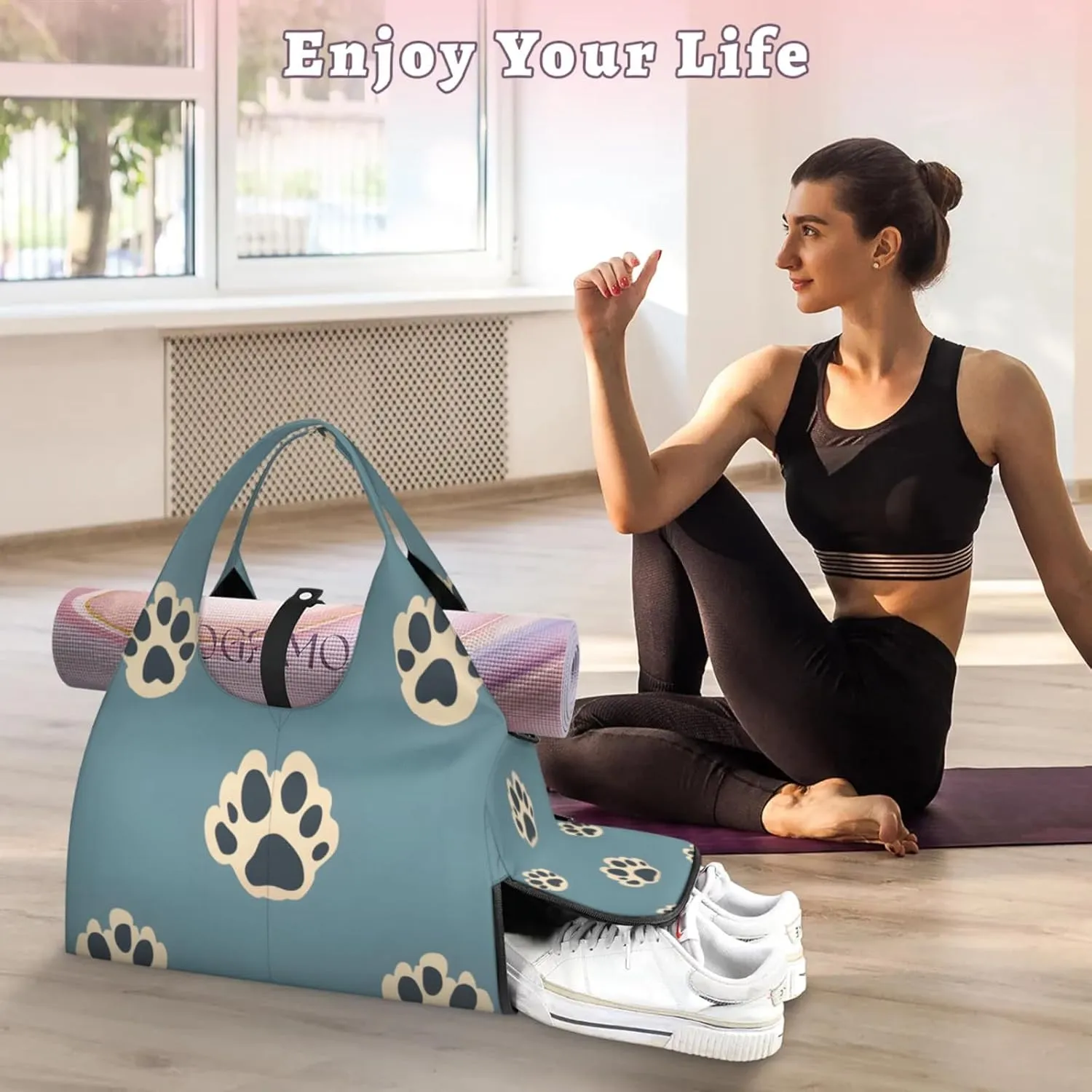Gym Bag for Women Dog Paw Prints Duffel Bag with Shoe Compartment and Yoga Mat Holder Portable Weekender Bags Travel Tote Bags