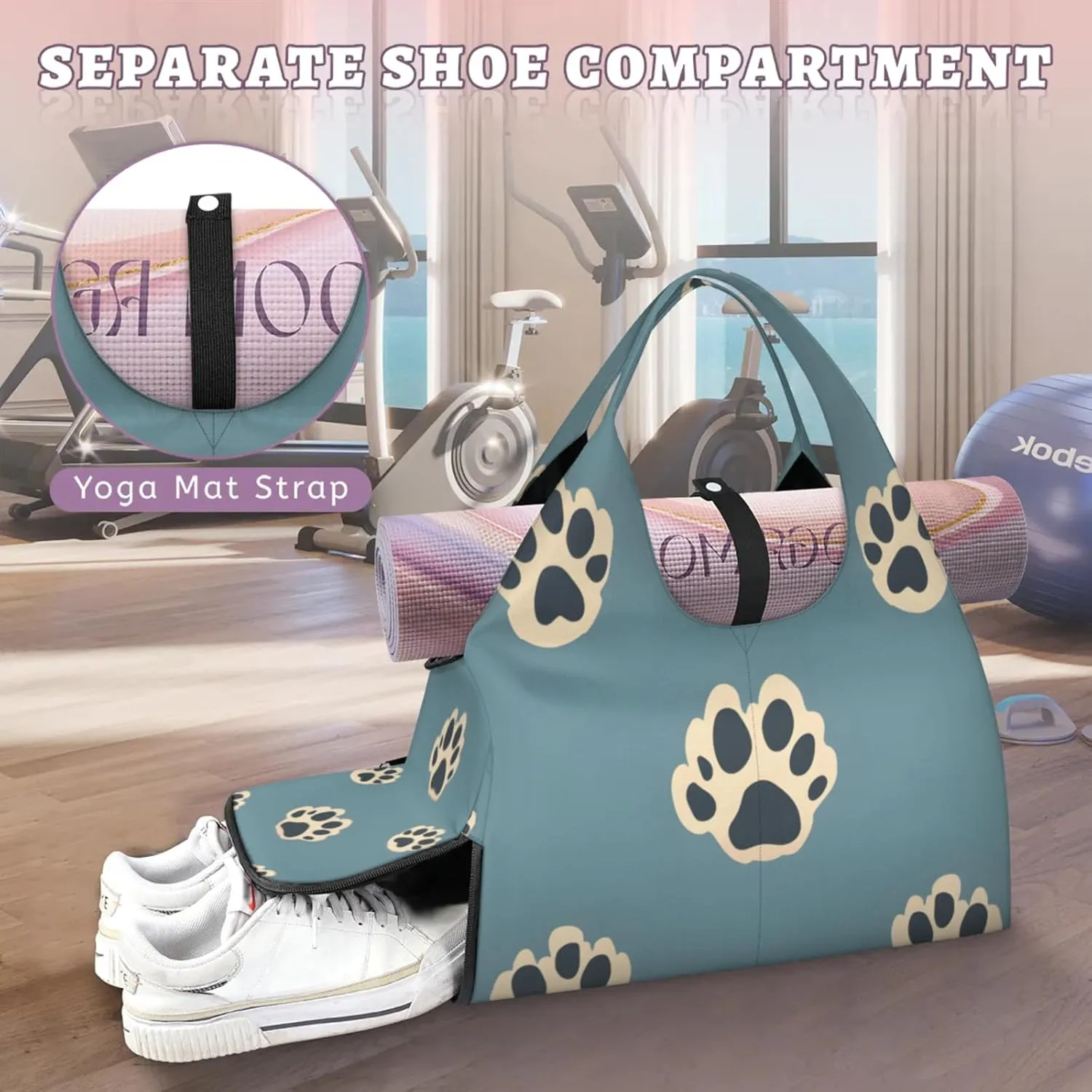 Gym Bag for Women Dog Paw Prints Duffel Bag with Shoe Compartment and Yoga Mat Holder Portable Weekender Bags Travel Tote Bags