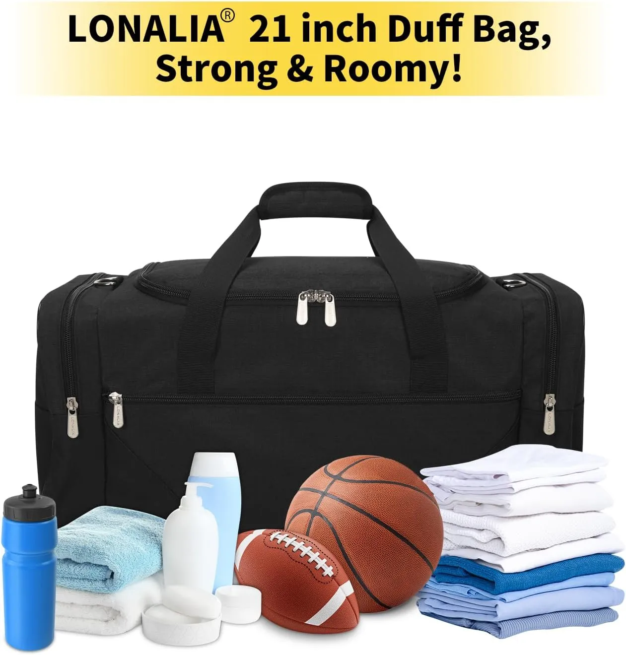 Gym Bag Sport Duffle Bag for Men - 21 in Weekender Travel Bag with Trolley Sleeve (Black)