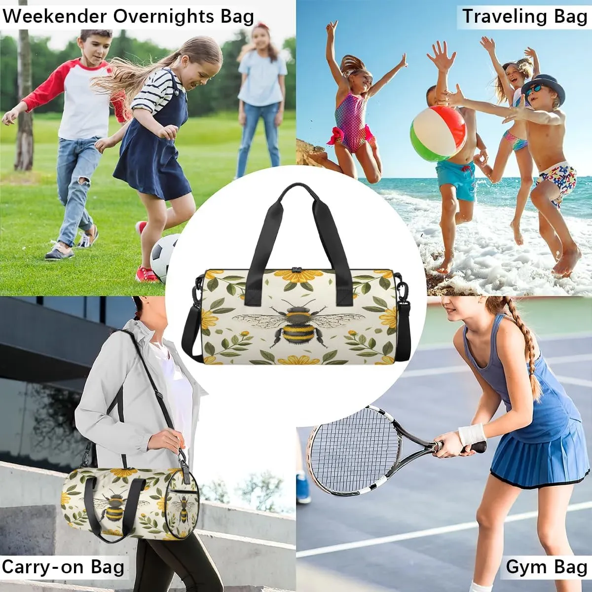 Gym Bags for Men Women Bee Sports Duffel Bags Carry On Travel Duffle Bag with Detachable Adjustable Shoulder Strap Overnight Weekender Bag