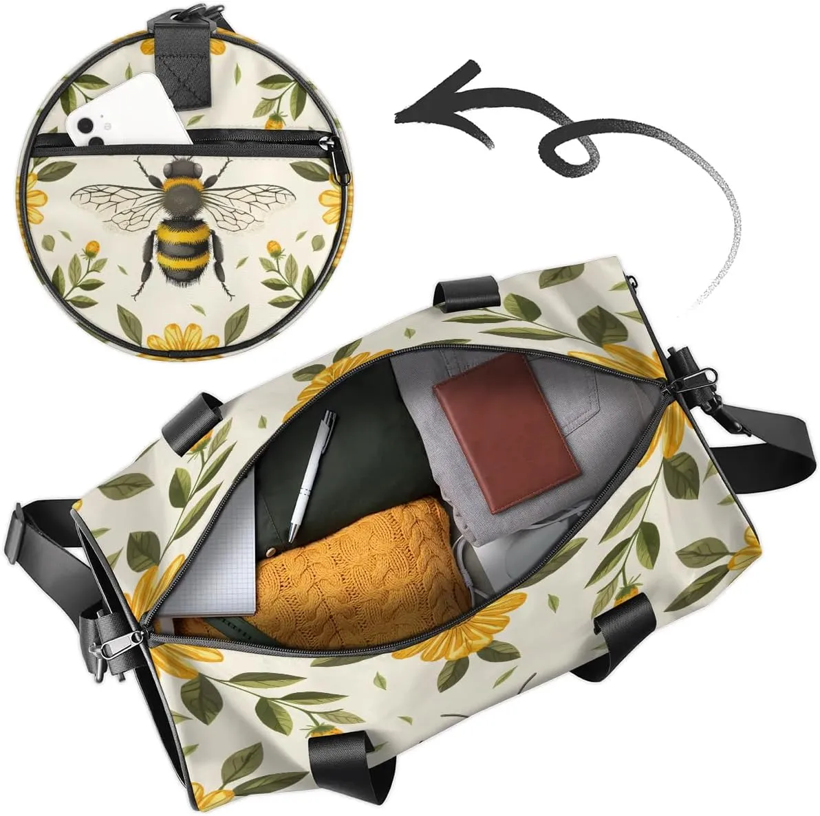 Gym Bags for Men Women Bee Sports Duffel Bags Carry On Travel Duffle Bag with Detachable Adjustable Shoulder Strap Overnight Weekender Bag