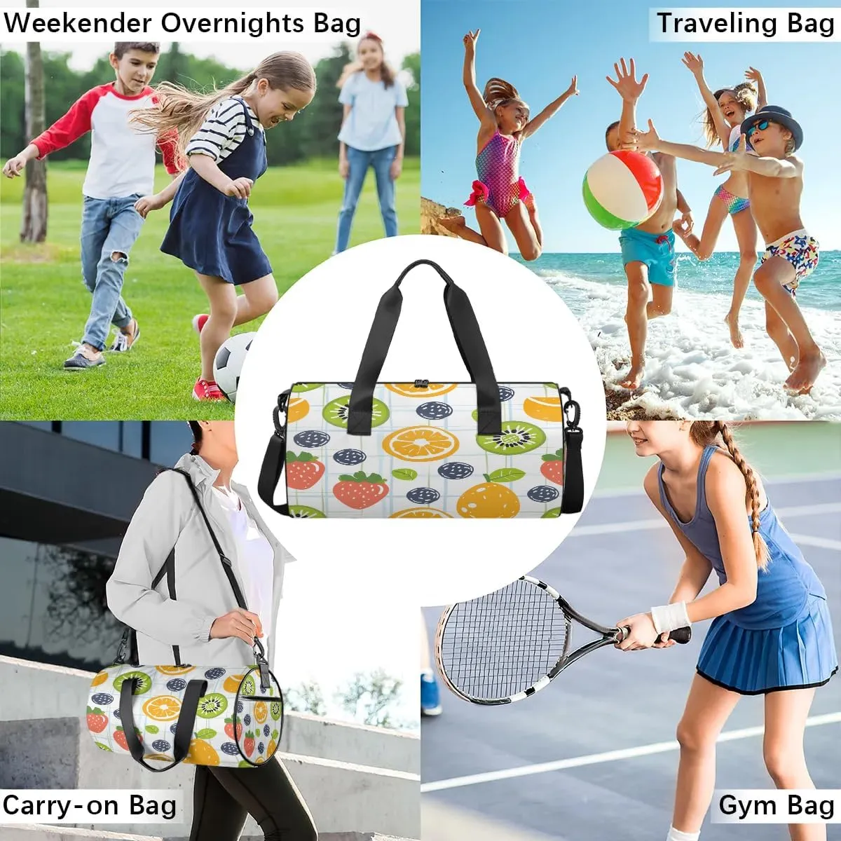 Gym Bags for Men Women Cartoon Strawberry Orange Sports Duffel Bags Carry On Travel Duffle Bag with Detachable Adjustable Shoulder Strap Overnight Weekender Bag