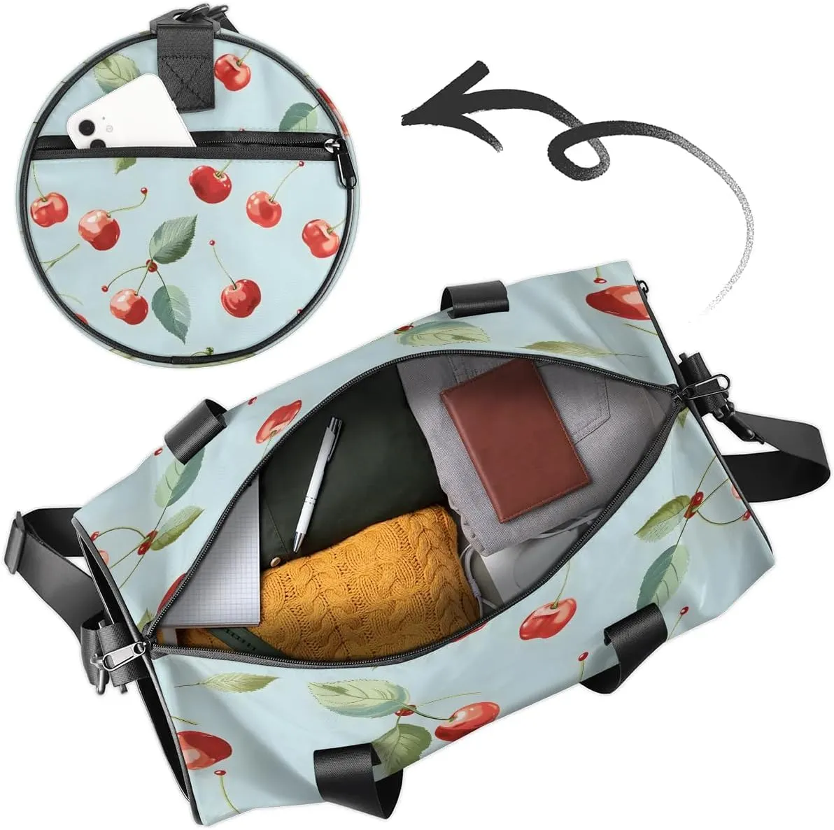 Gym Bags for Men Women Cute Cherry Sports Duffel Bags Carry On Travel Duffle Bag with Detachable Adjustable Shoulder Strap Overnight Weekender Bag