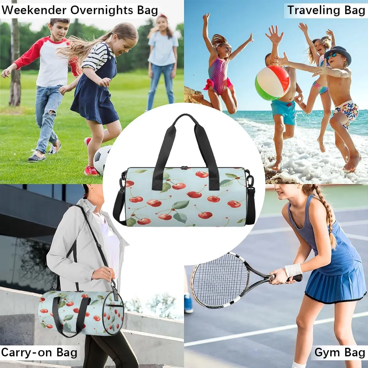 Gym Bags for Men Women Cute Cherry Sports Duffel Bags Carry On Travel Duffle Bag with Detachable Adjustable Shoulder Strap Overnight Weekender Bag