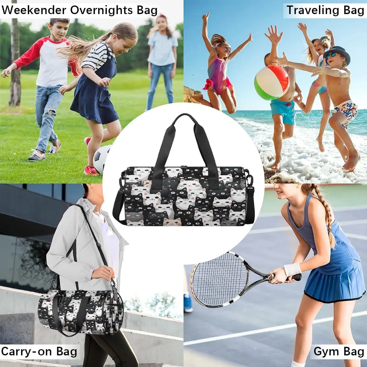 Gym Bags for Men Women Fancy Cat Pattern Sports Duffel Bags Carry On Travel Duffle Bag with Detachable Adjustable Shoulder Strap Overnight Weekender Bag