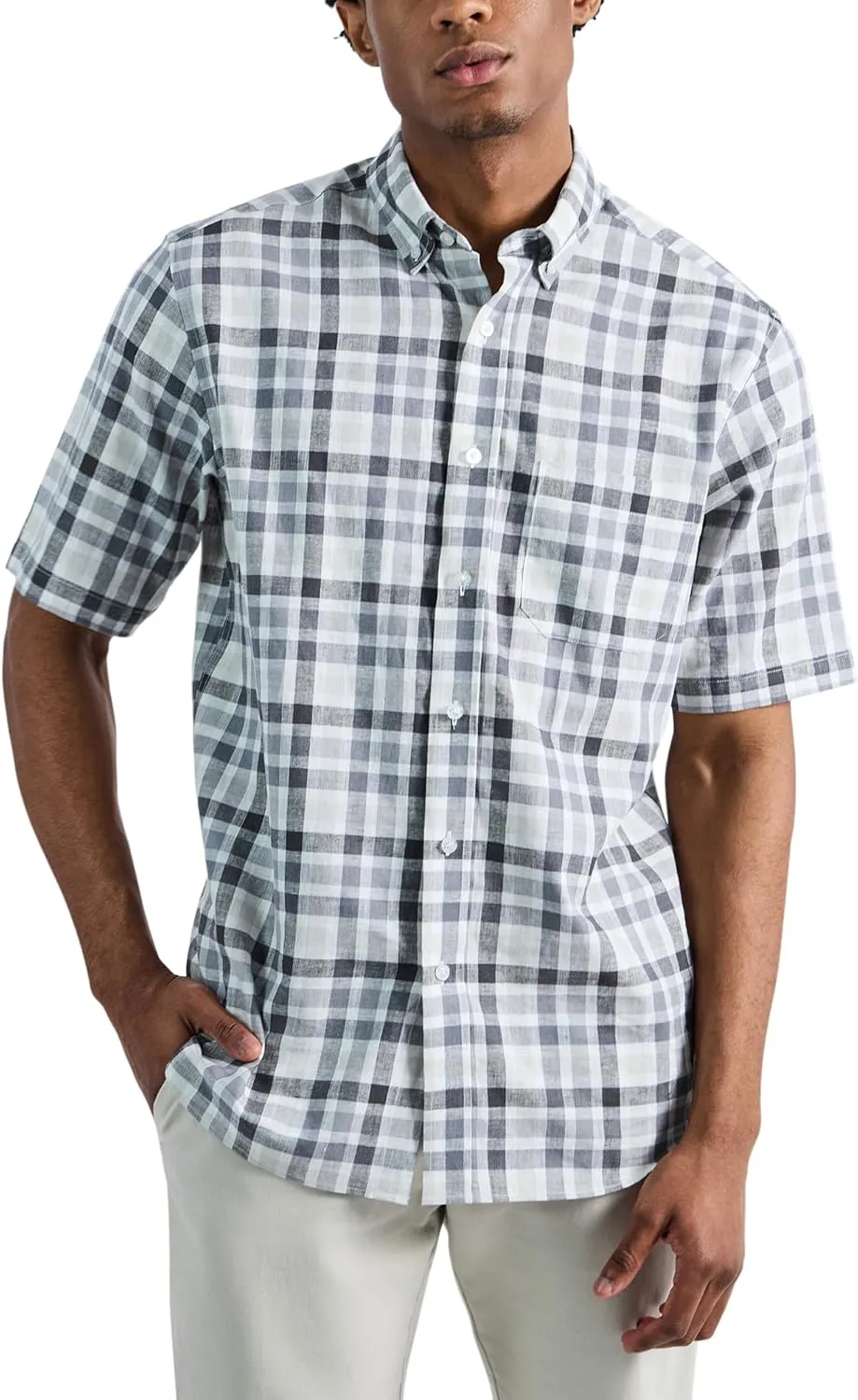 Haggar Men's Life Khaki Short Sleeve Button-Down Casual Linen Shirt