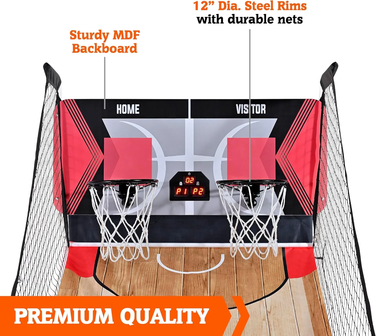 Hall of Games EZ Fold Premium Indoor Arcade Basketball Game with Steel Frame and Polycarbonate Backboard, Dual Shot Electronic Scoring with 6 Size 3 Balls Included, Perfect for Basement Game Rooms