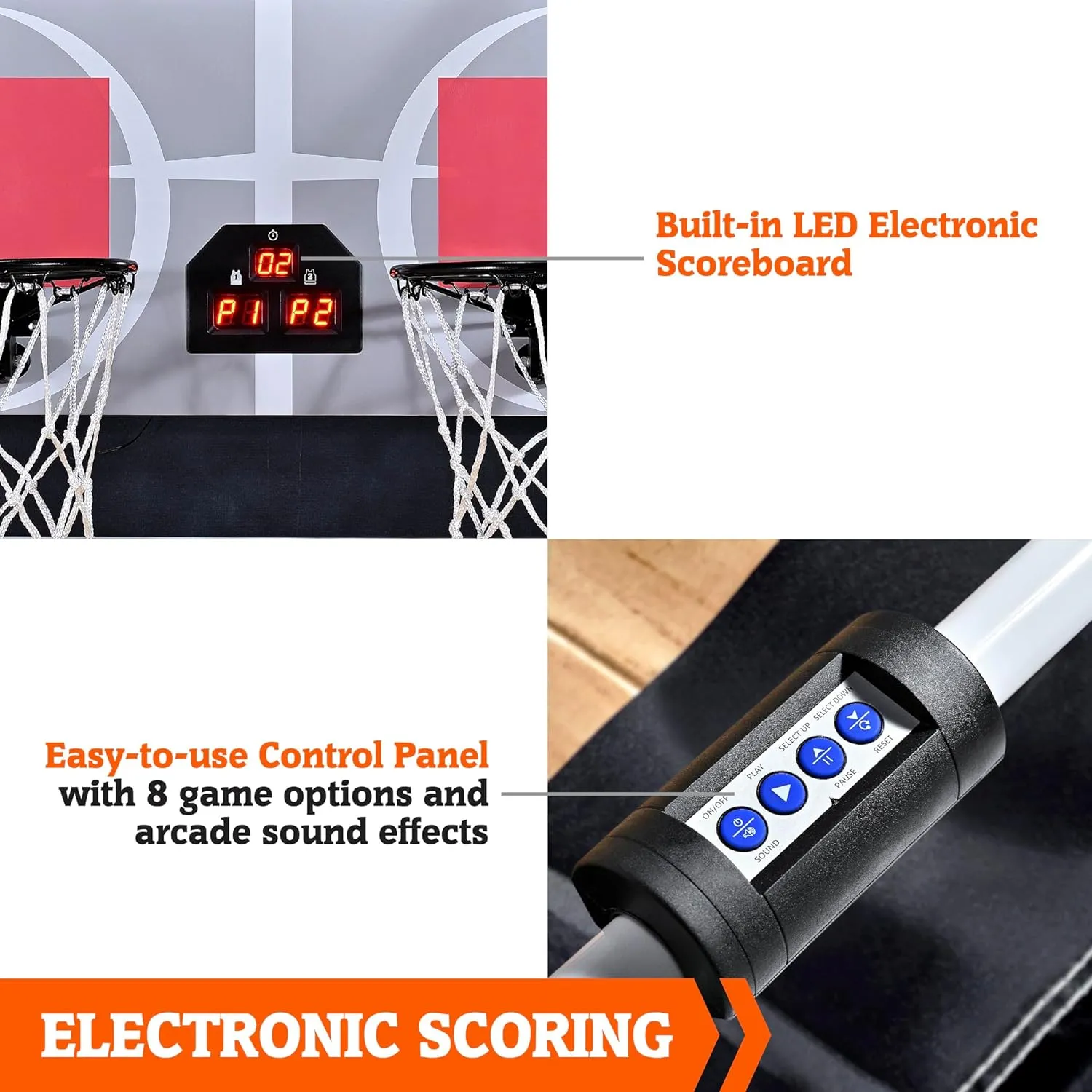 Hall of Games EZ Fold Premium Indoor Arcade Basketball Game with Steel Frame and Polycarbonate Backboard, Dual Shot Electronic Scoring with 6 Size 3 Balls Included, Perfect for Basement Game Rooms