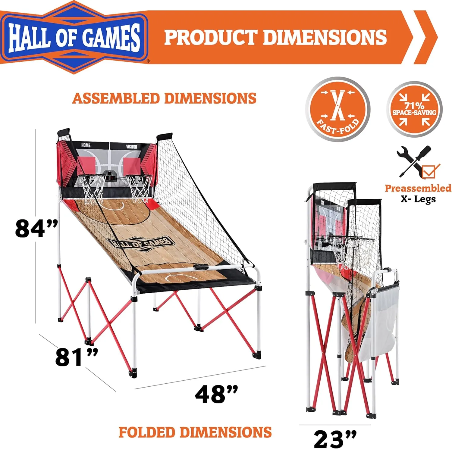 Hall of Games EZ Fold Premium Indoor Arcade Basketball Game with Steel Frame and Polycarbonate Backboard, Dual Shot Electronic Scoring with 6 Size 3 Balls Included, Perfect for Basement Game Rooms
