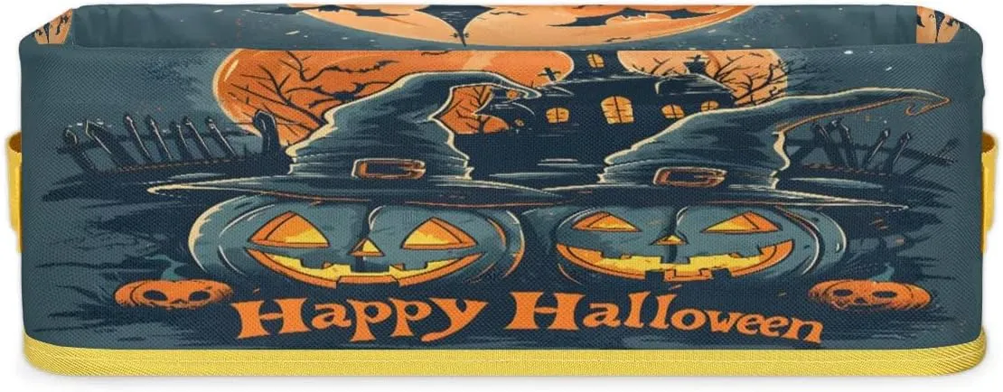 Halloween Pumpkin House Bathroom Storage Basket, Foldable with Handle Open Countertop Paper Towel Decorative Box, Toilet Tank Top Shelf Baskets for Home Closet Bedroom Living Room Office