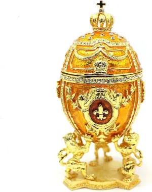 Hand Painted Egg Trinket Box, Decorative Russian Easter Egg Jewelry Trinket Box, 6.5 inch High Large Egg Trinket Box, Classic Easter Ornaments Great for Home Decor or Gift Ideas (Golden)