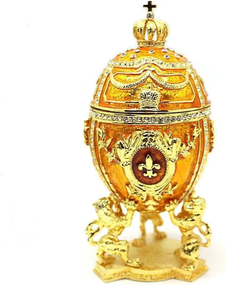 Hand Painted Egg Trinket Box, Decorative Russian Easter Egg Jewelry Trinket Box, 6.5 inch High Large Egg Trinket Box, Classic Easter Ornaments Great for Home Decor or Gift Ideas (Golden)