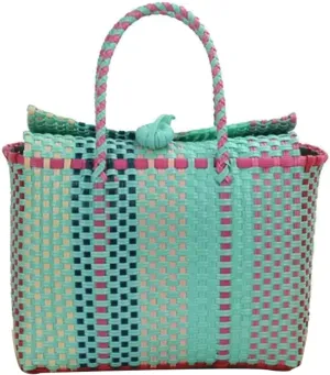 Hand Woven Summer Travel Plaid Pattern Plastic Woven Tote Bag Large Capacity Handbag for Picnic Beach