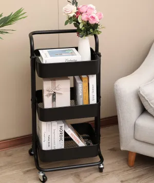 Handle Rolling Utility Cart Mobile Storage Organizer Multifunctional Metal Storage Trolley Mesh Basket Storage Carts Black