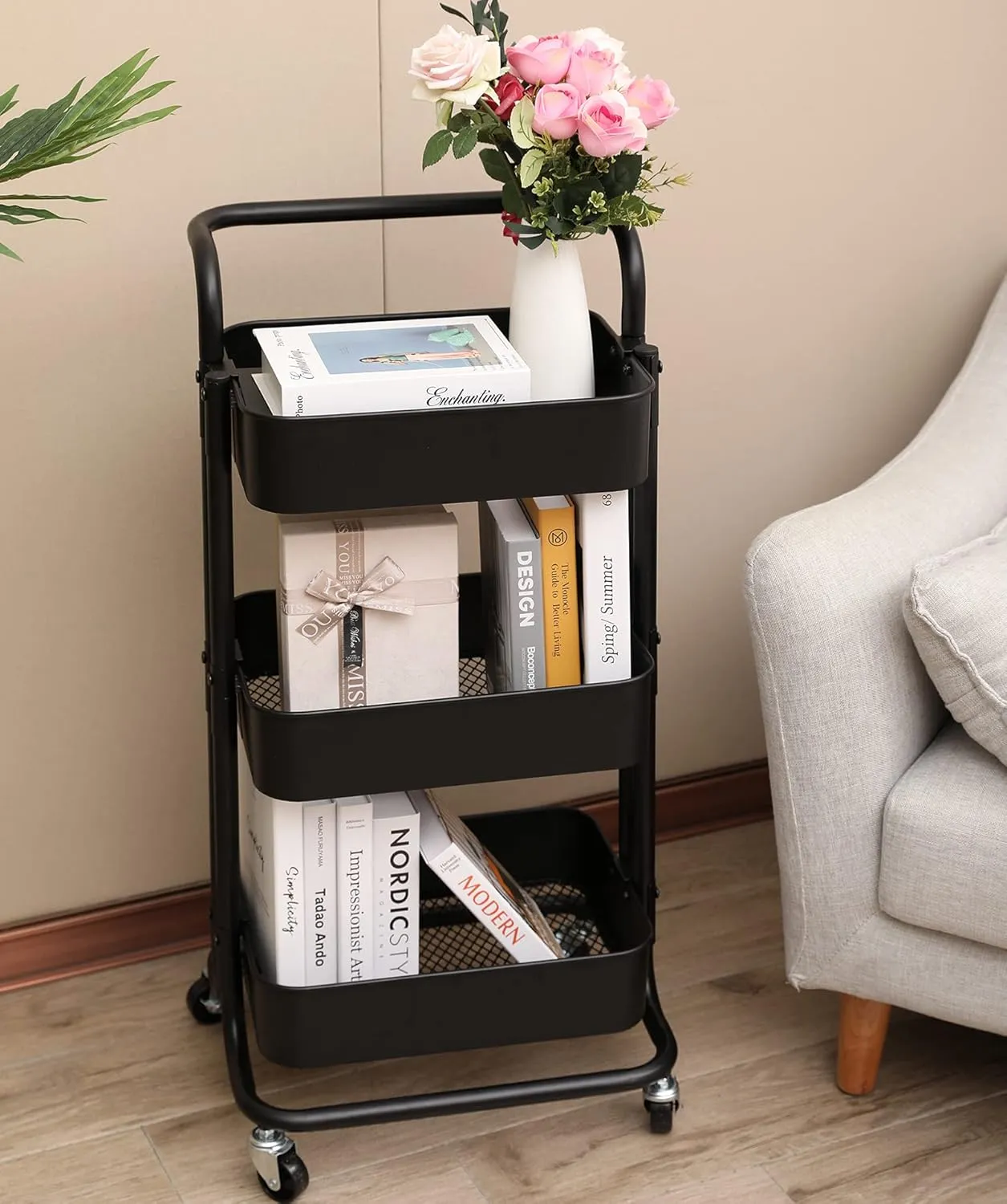 Handle Rolling Utility Cart Mobile Storage Organizer Multifunctional Metal Storage Trolley Mesh Basket Storage Carts Black