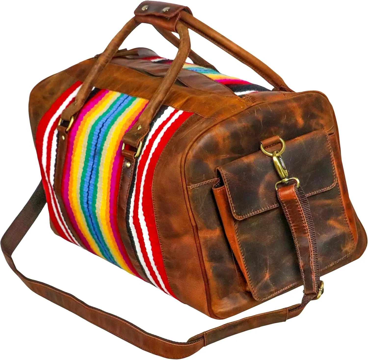 Handmade Duffle Bag leather heavy duty Airplane Overnight Luggage Carry On Unisex Travel Rug Bag Wollen Bag Gift for His/Her 20 x 10 x 10 inches. (Rug Duffle Bag Design_01)