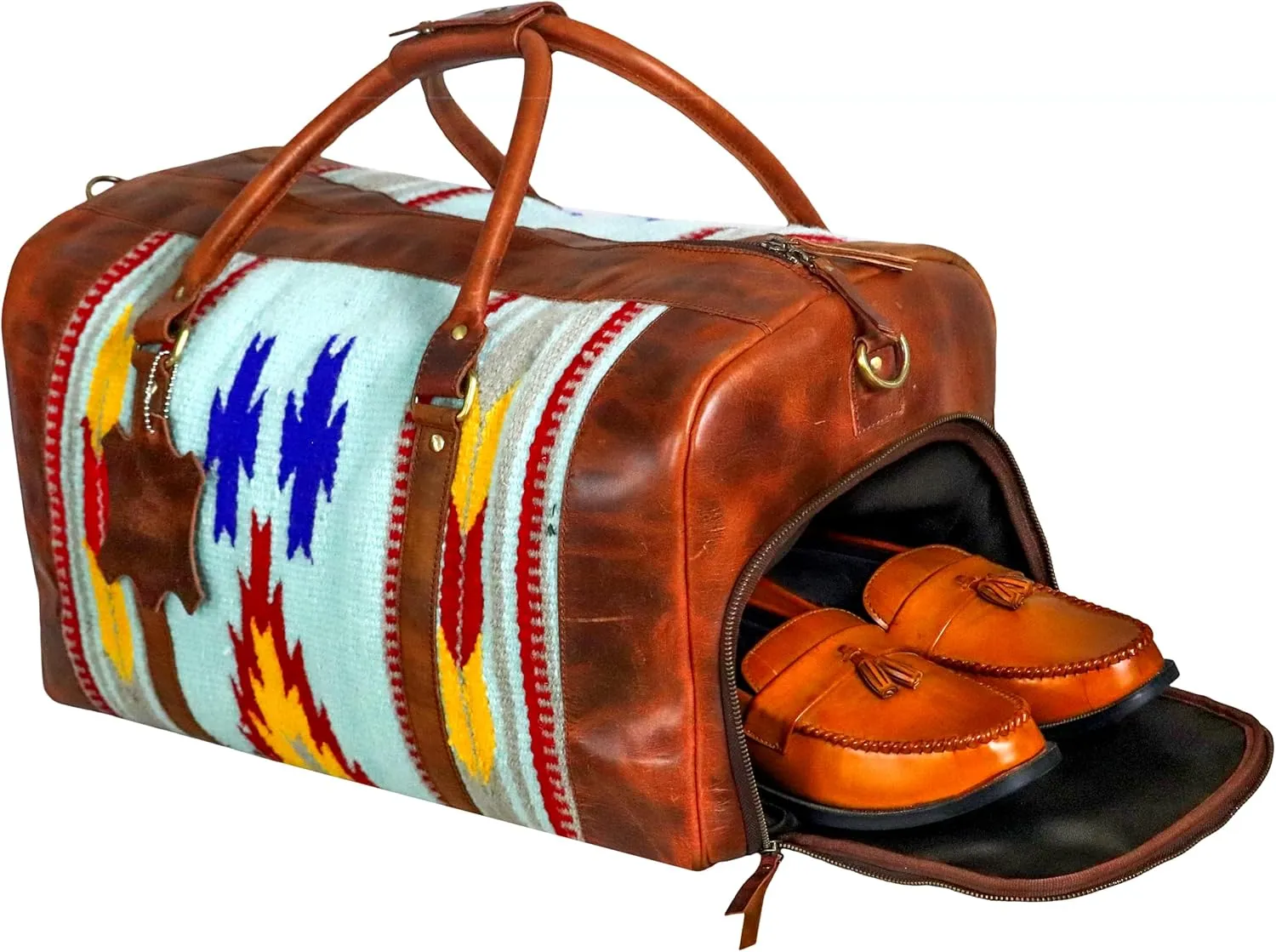 Handmade Premium Duffle Bag leather heavy duty Gym Sports Airplane Overnight Luggage Carry On Unisex Travel Hand woven Rug Bag Wollen Bag Gift for His/Her (Rug Duffle Bag Artical_04)