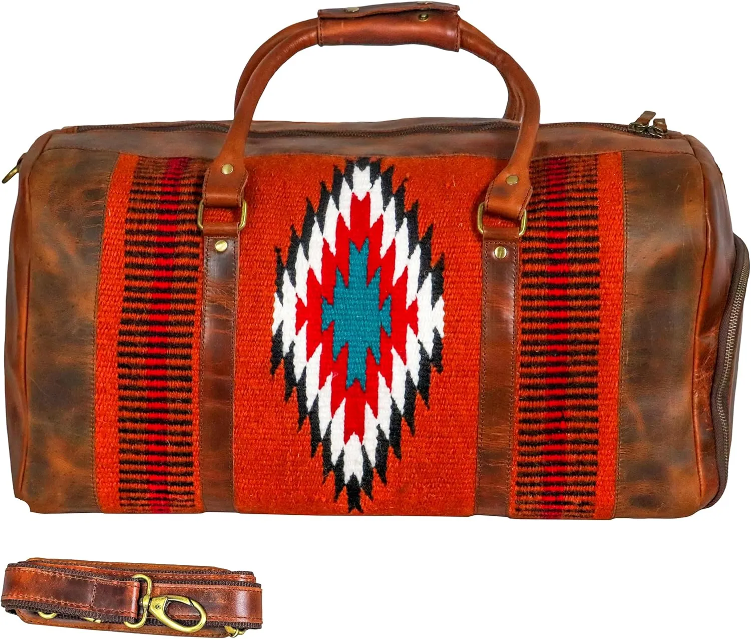 Handmade Premium Duffle Bag leather heavy duty Gym Sports Airplane Overnight Luggage Carry On Unisex Travel Hand woven Rug Bag Wollen Bag Gift for His/Her (Rug Duffle Bag Artical_08)