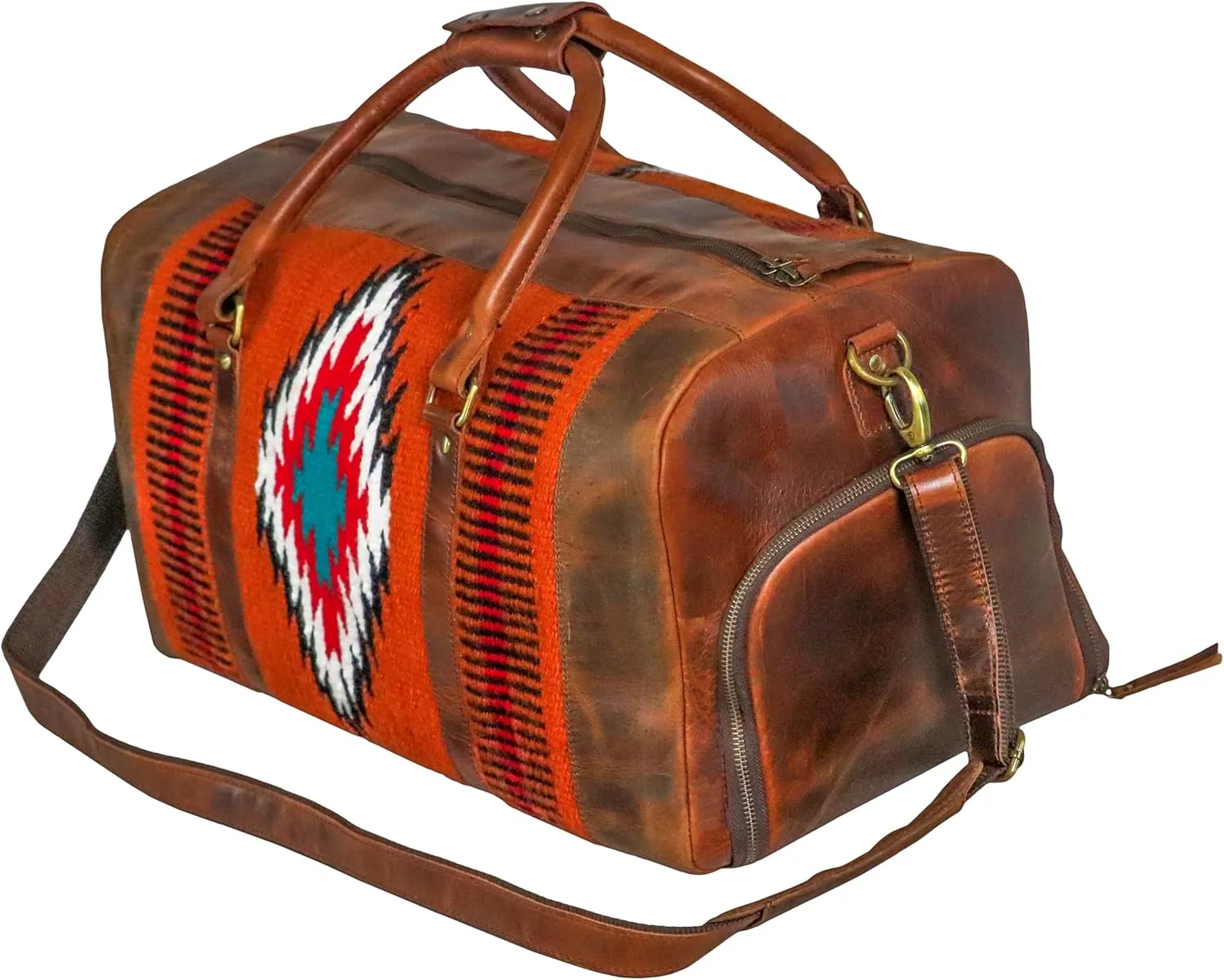 Handmade Premium Duffle Bag leather heavy duty Gym Sports Airplane Overnight Luggage Carry On Unisex Travel Hand woven Rug Bag Wollen Bag Gift for His/Her (Rug Duffle Bag Artical_08)