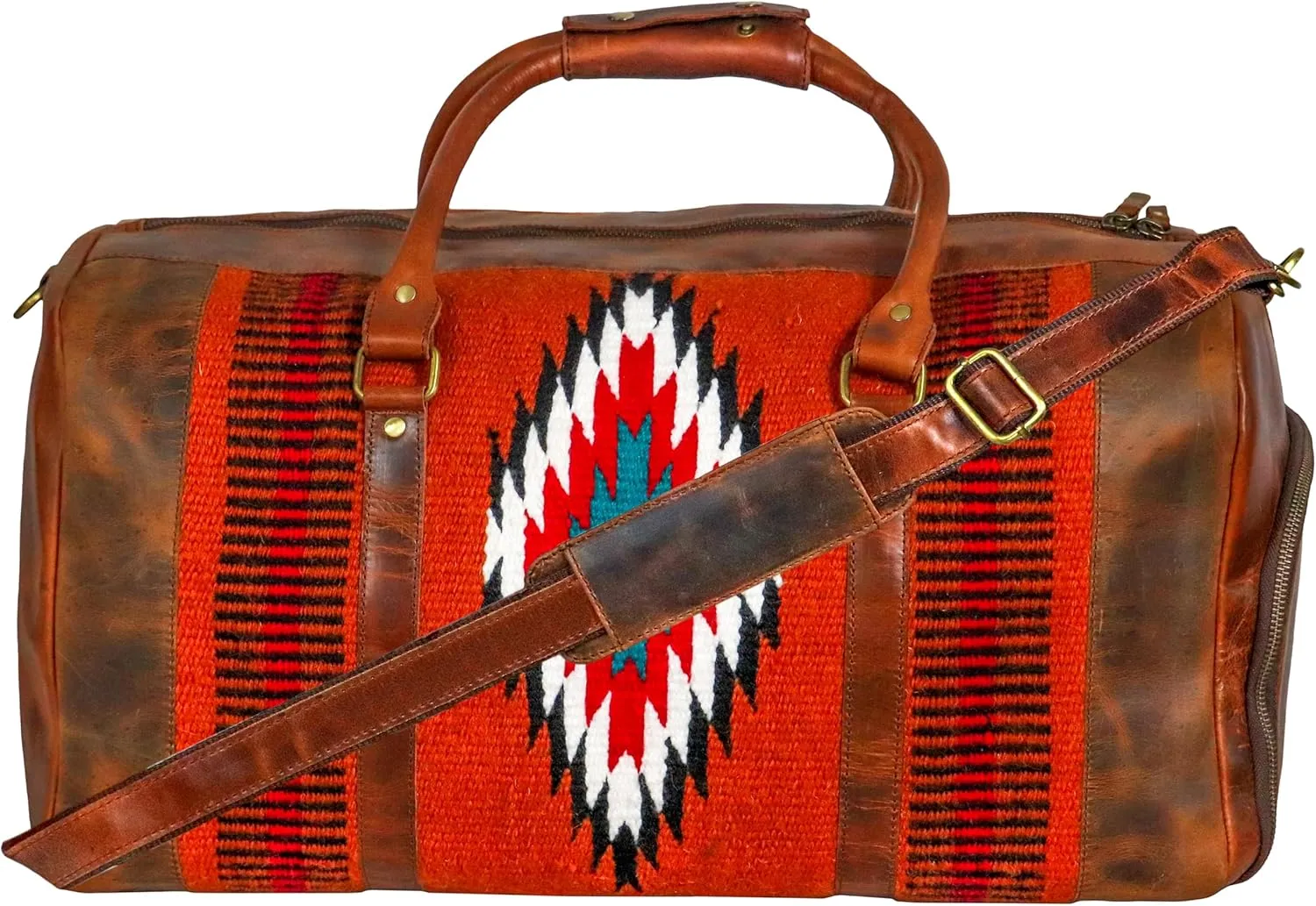 Handmade Premium Duffle Bag leather heavy duty Gym Sports Airplane Overnight Luggage Carry On Unisex Travel Hand woven Rug Bag Wollen Bag Gift for His/Her (Rug Duffle Bag Artical_08)